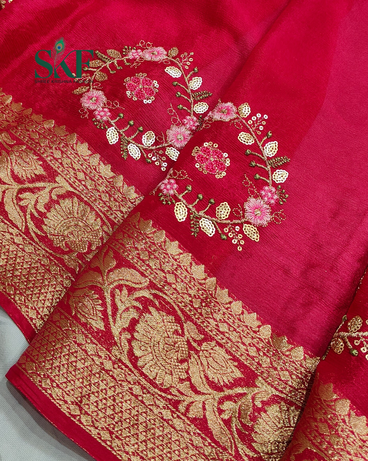 CHINON SEQUENCE EMBROIDERY WEAVING WORK RANIPINK SAREE BY SKFBHOLUBHAI