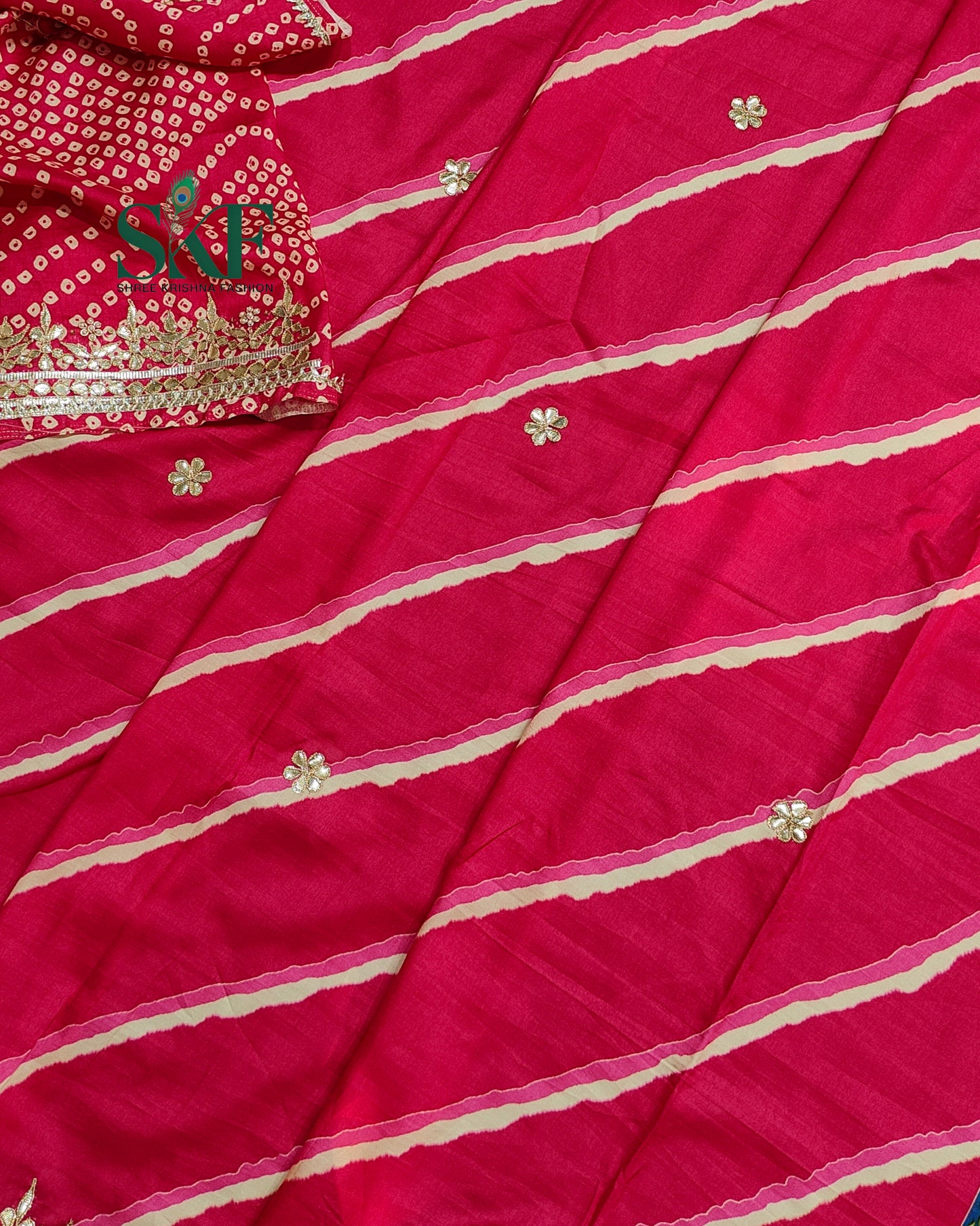 TUSSAR SILK LEHRIYA HAND GOTTA DIGITAL PRINT WORK RANI PINK SAREE BY SKFBHOLUBHAI