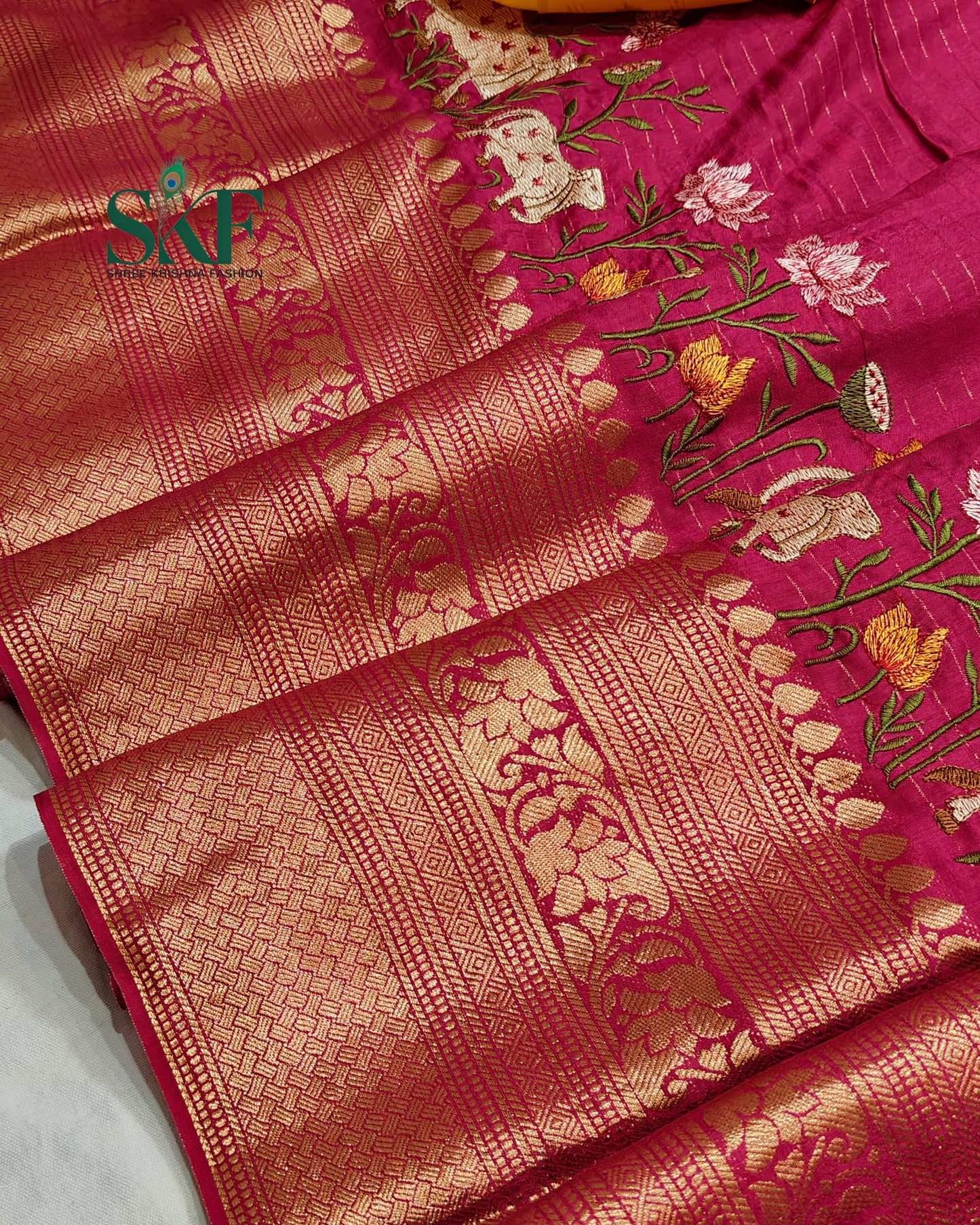 DOLA SILK MOTIF EMBROIDERY PANEL WEAVING BORDER WORK BURGENDY SAREE BY SKFBHOLUBHAI