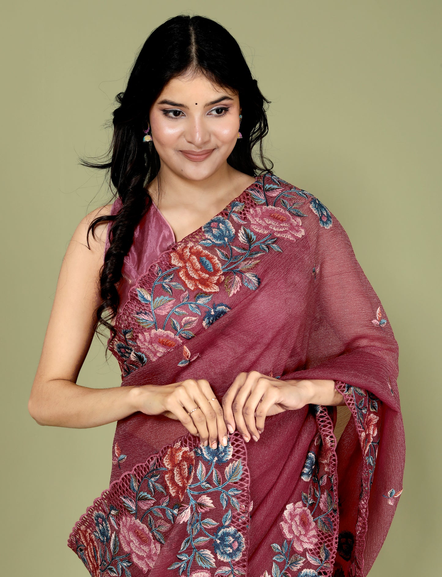CRUSH CHINON MULTITHRED EMBROIDERY BORDER WORK RED RUST SAREE BY SKFBHOLUBHAI