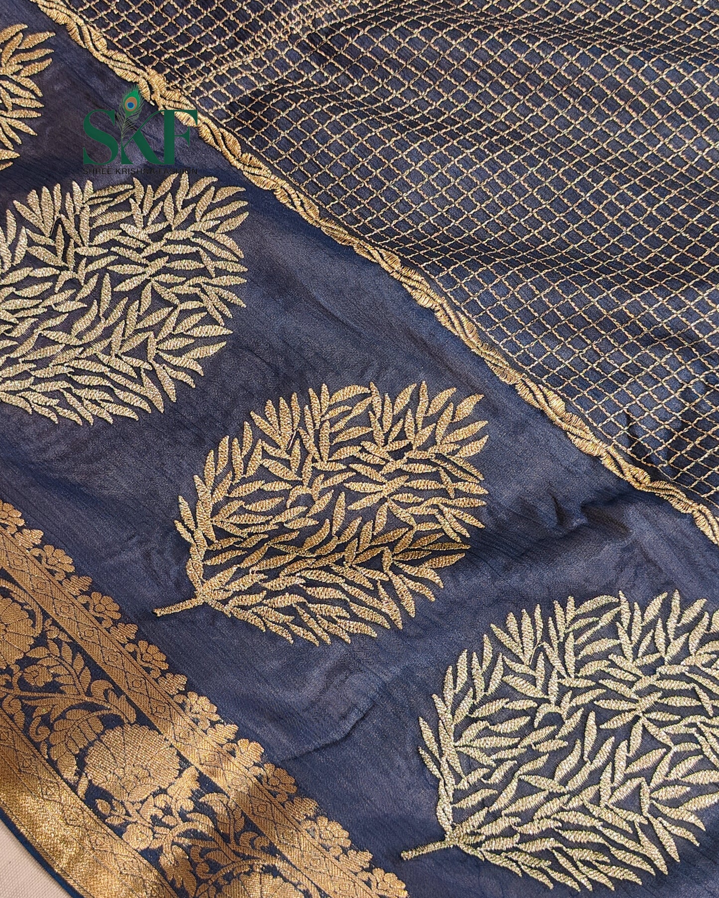 CHINON EMBROIDERY WEAVING BORDER WORK NAVYBLUE SAREE BY SKFBHOLUBHAI