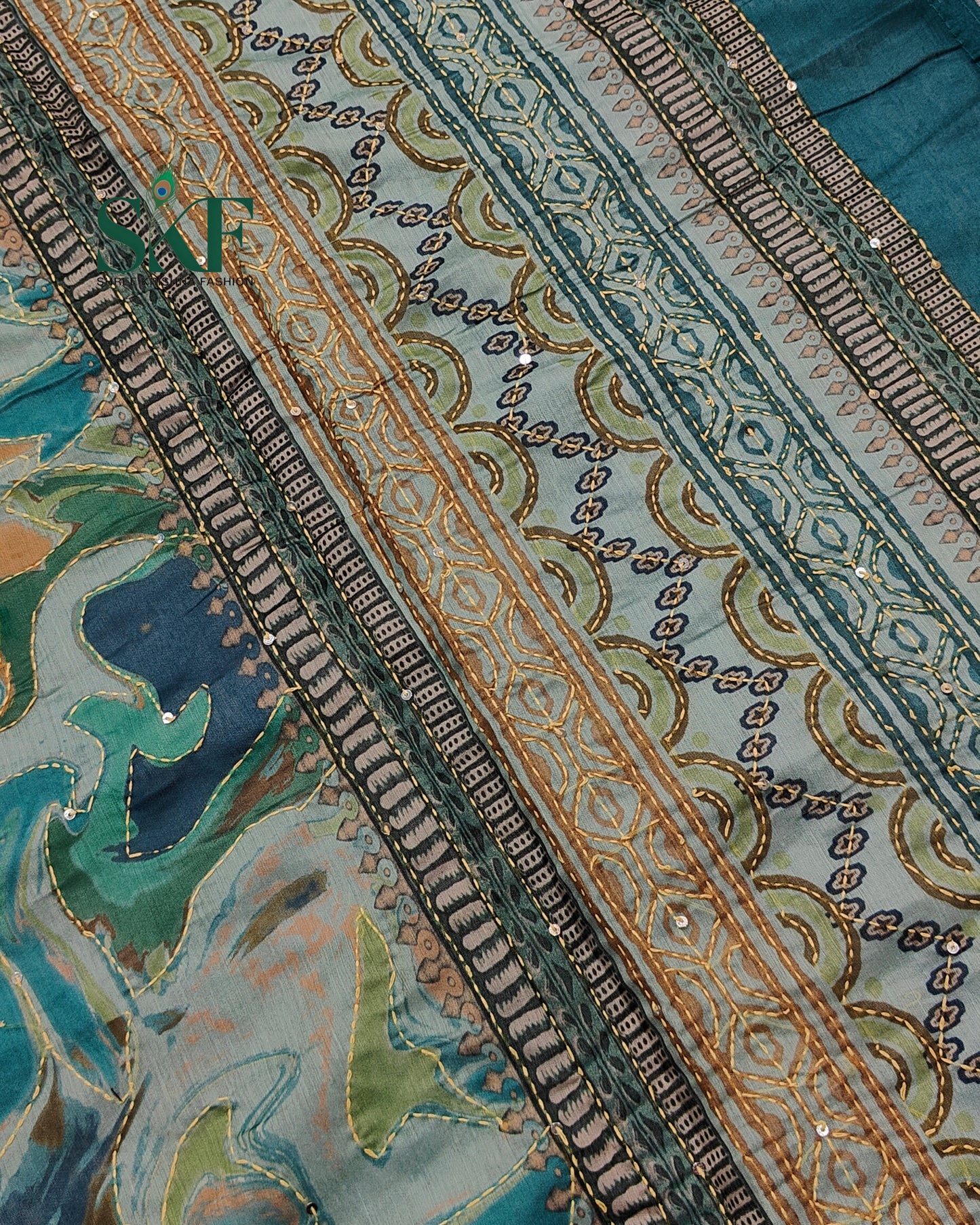 CHANDERI COTTON BRUSH PRINT KHATHA WORK TEAL BLUE SAREE BY SKFBHOLUBHAI