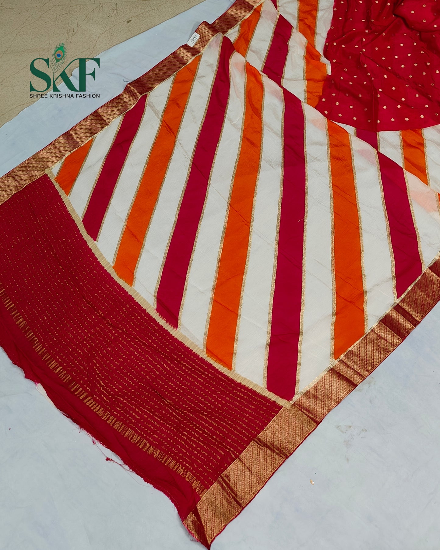 CHINON LEHRIYA EMBROIDERY WEAVING WORK BORDER MULTICOLOUR SAREE BY SKFBHOLUBHAI