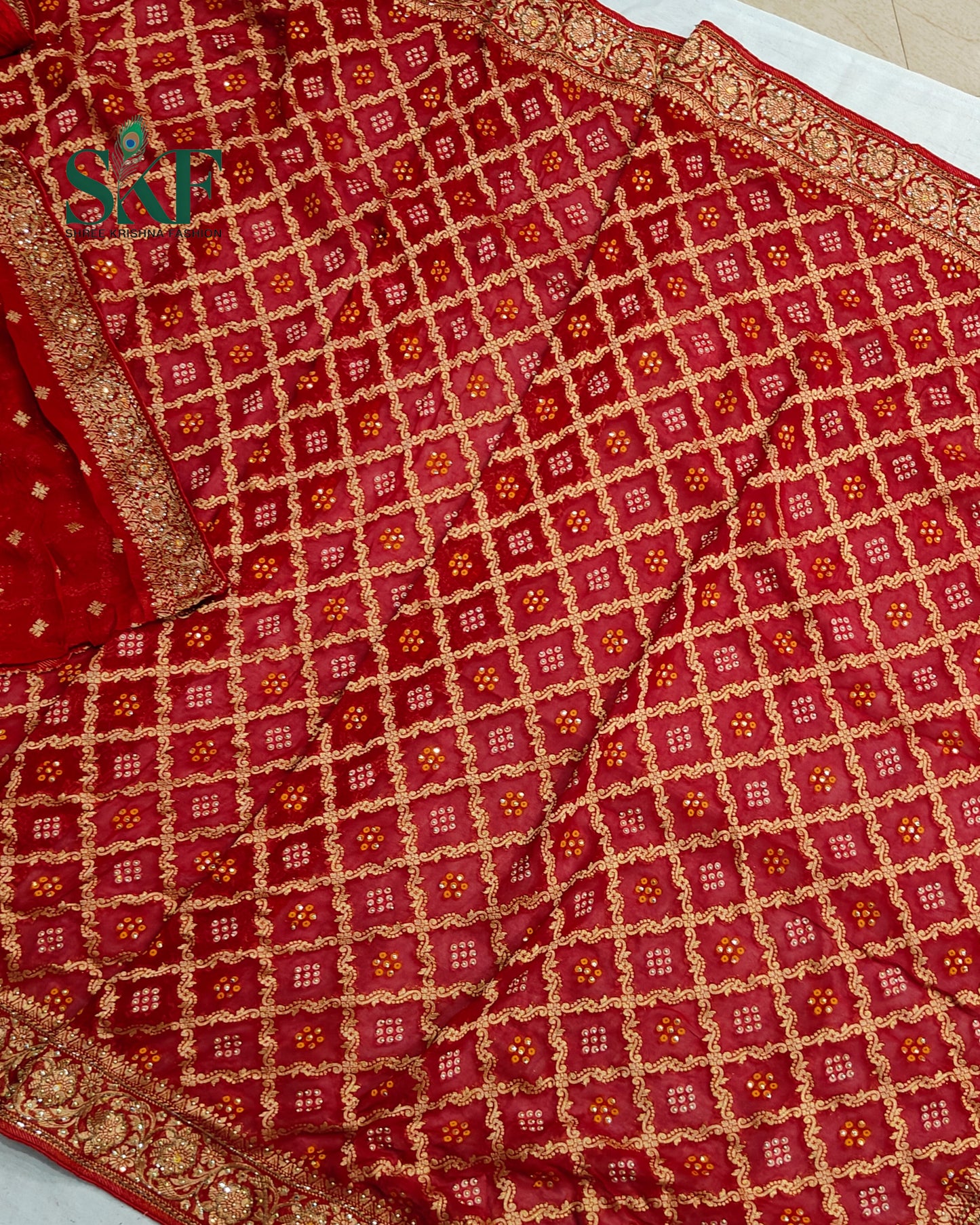 KHADI NEEM JARI GEORGETTE BHANDHANI STONE ZARDOZI HANDWORK SAREE BY SKFBHOLUBHAI