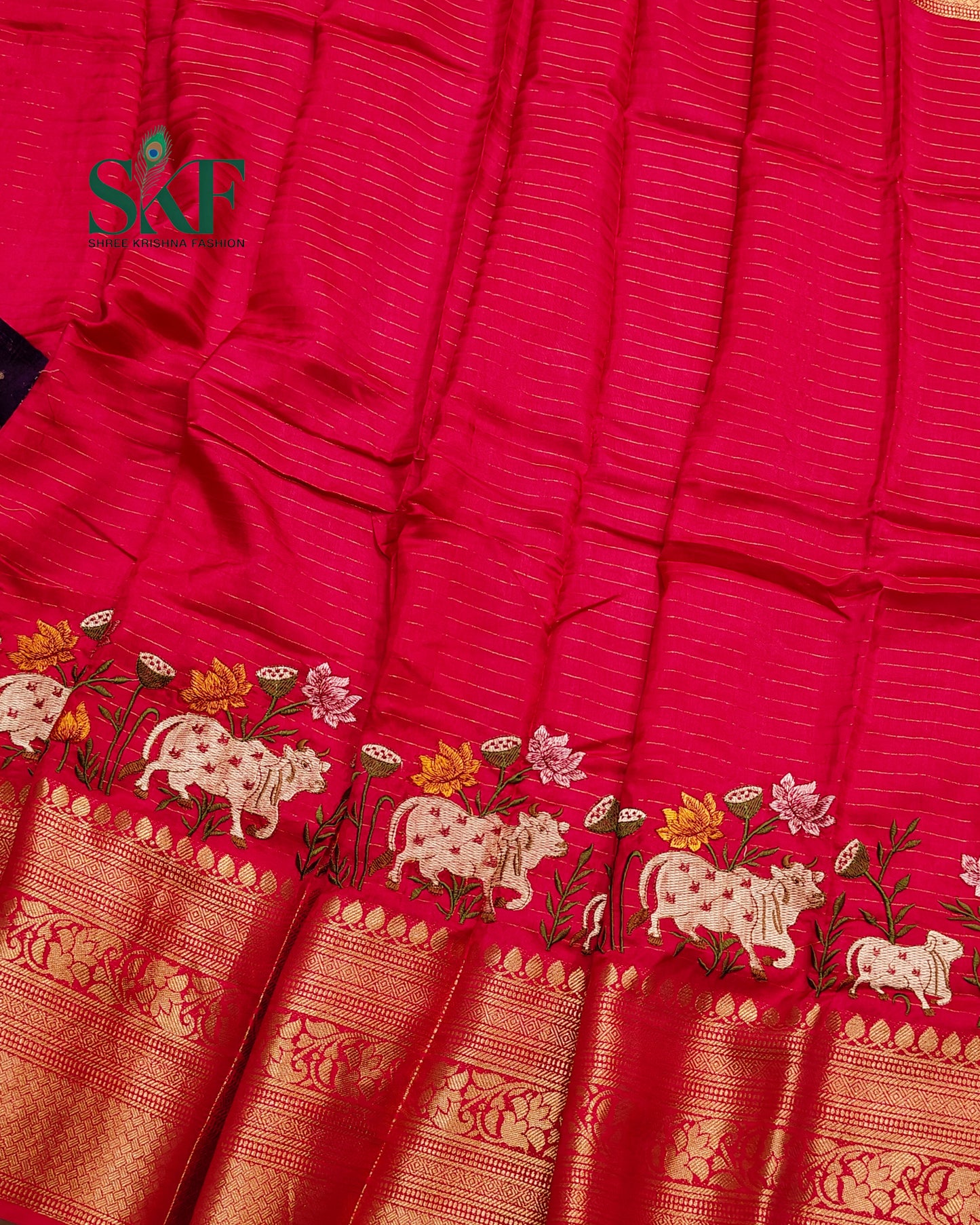 DOLA SILK MOTIF EMBROIDERY PANEL WEAVING BORDER WORK RANIPINK SAREE BY SKFBHOLUBHAI