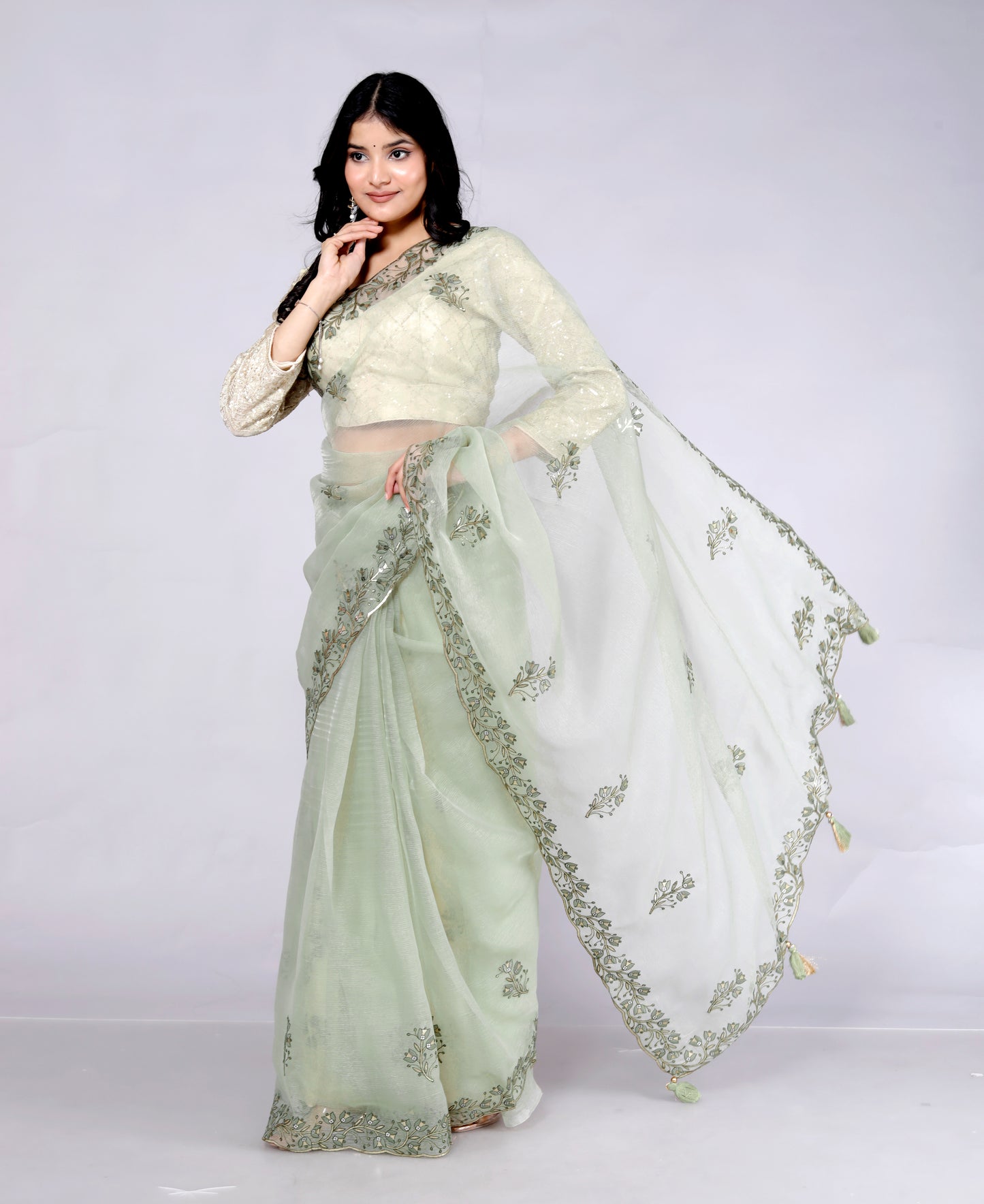 CHIFFON THREAD EMBROIDERY SAGE GREEN SAREE BY SKFBHOLUHAI