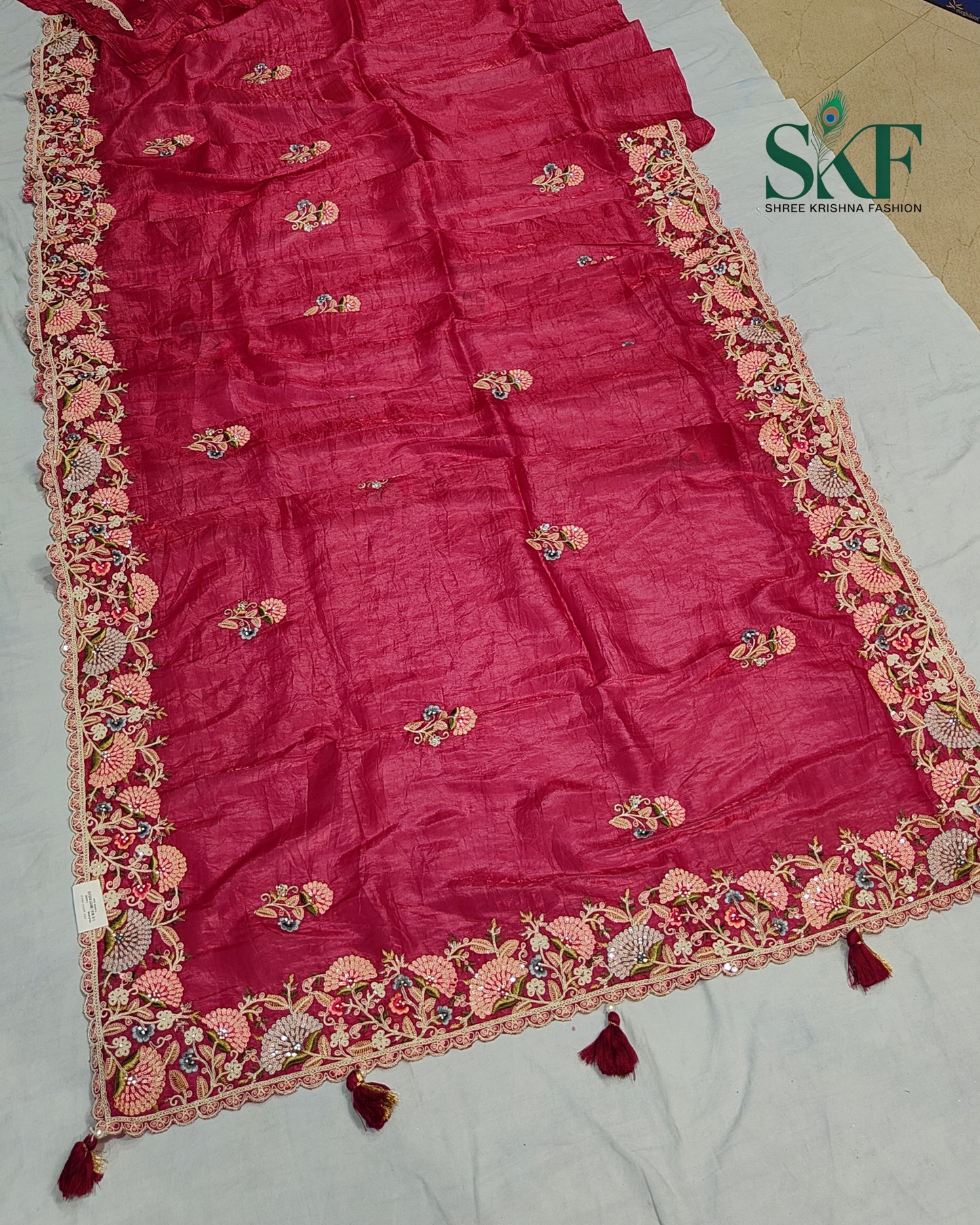 CRUSH TISSUE SIPPI SEQUENCE EMBROIDERY WORK BURGENDY SAREE BY SKFBHOLUBHAI
