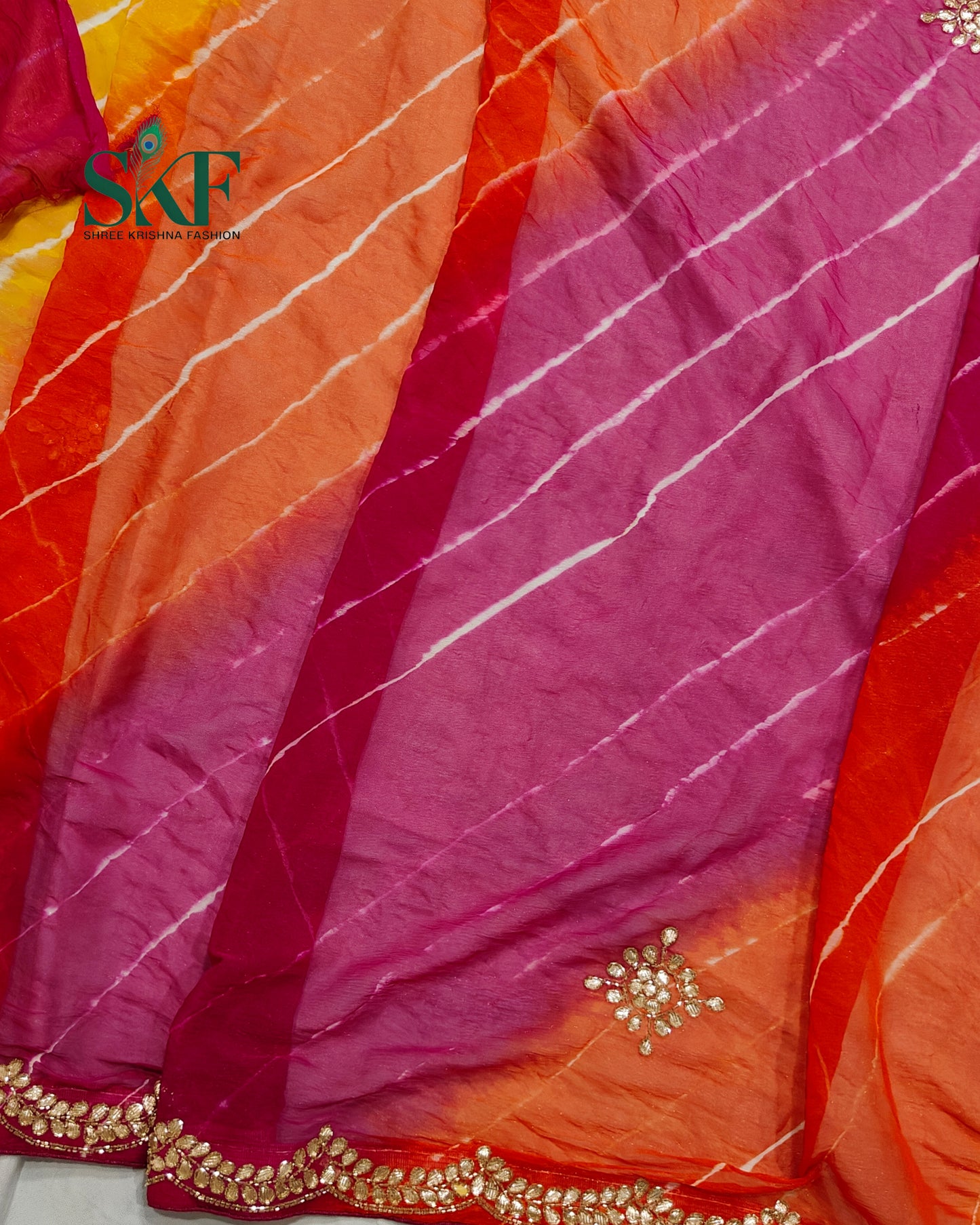 DIAMOND CHIFFON PACHRANGA LEHRIYA GOTTA HANDWORK SAREE BY SKFBHOLUBHAI