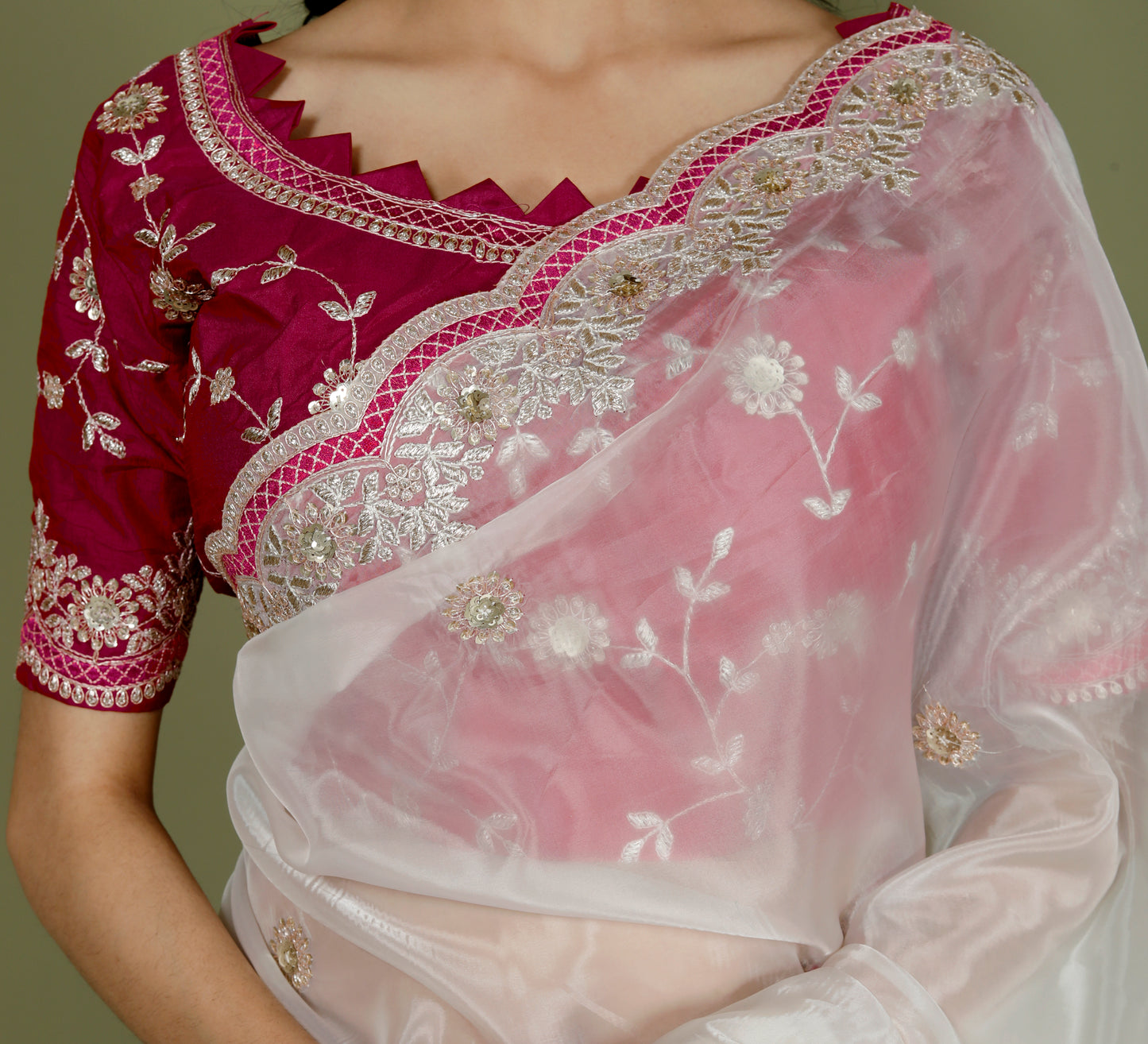 NEAT ORGANZA ZARI EMBROIDERY CUTWORK STICH BLOUSE IVORY SAREE BY SKFBHOLUBHAI