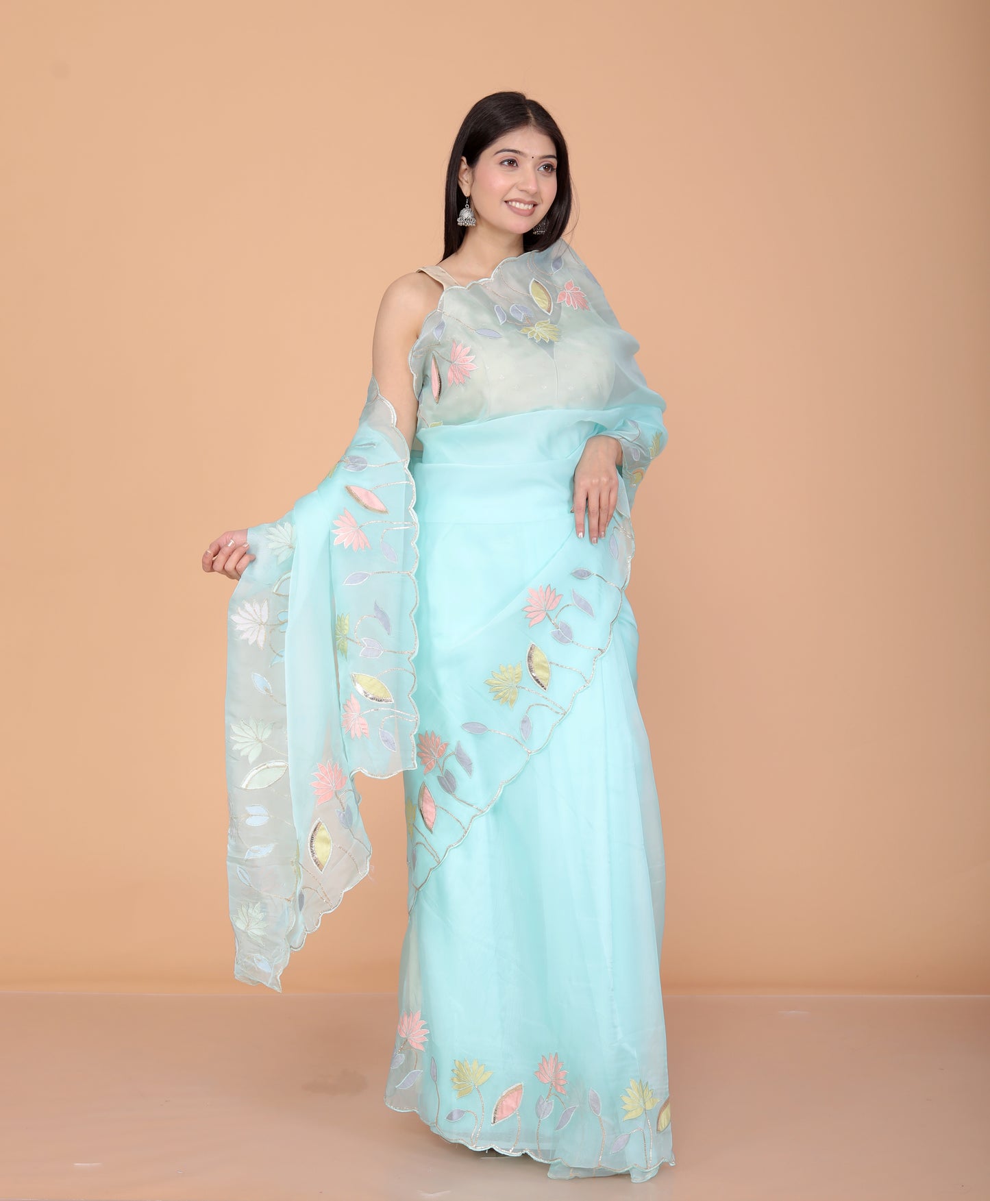 TISSUE APPLIQUE WORK DESIGNER SKY BLUE SAREE BY SKFBHOLUBHAI