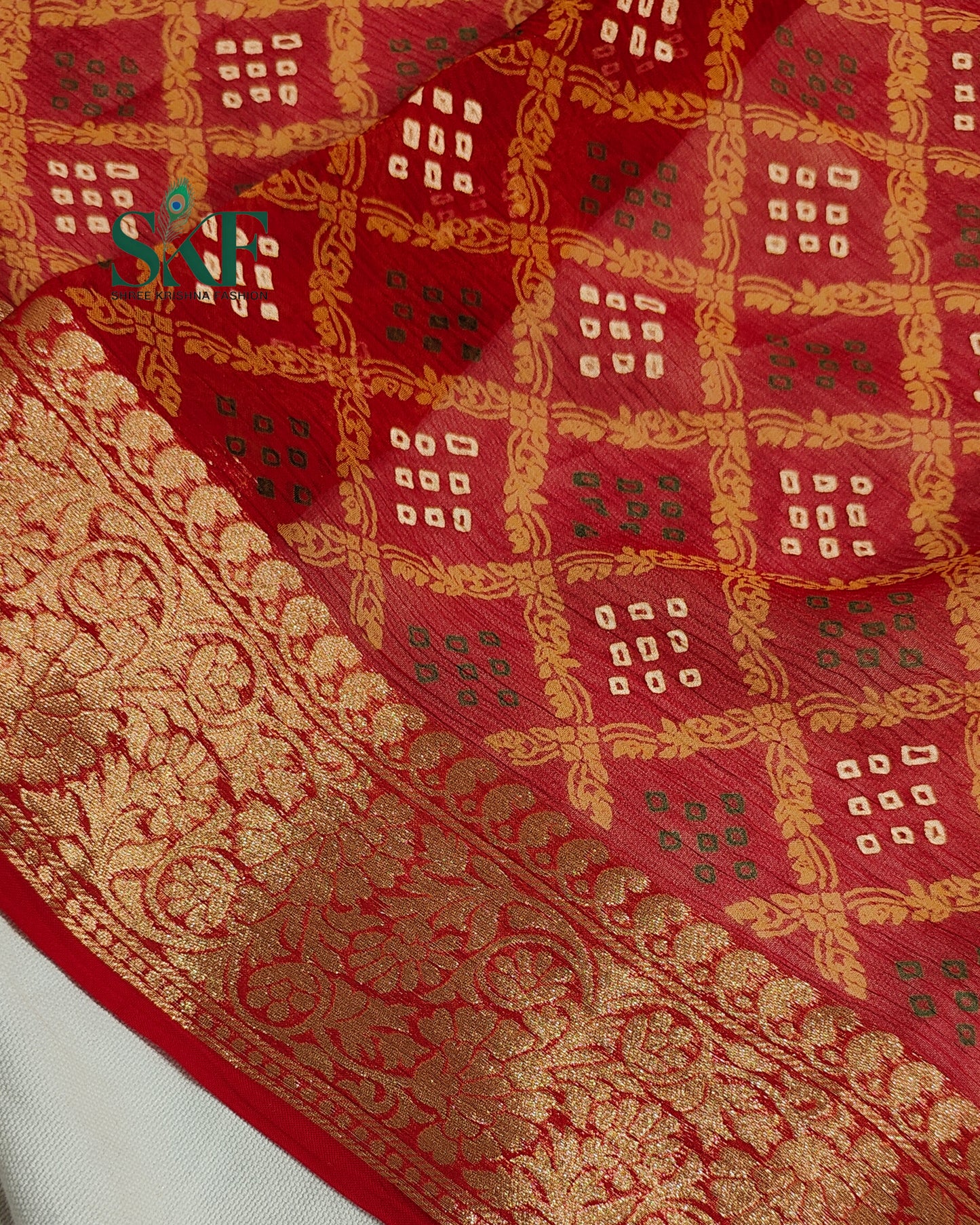 KHADI NEEM JARI GEORGETTE BHANDHANI MAHROON SAREE BY SKFBHOLUBHAI