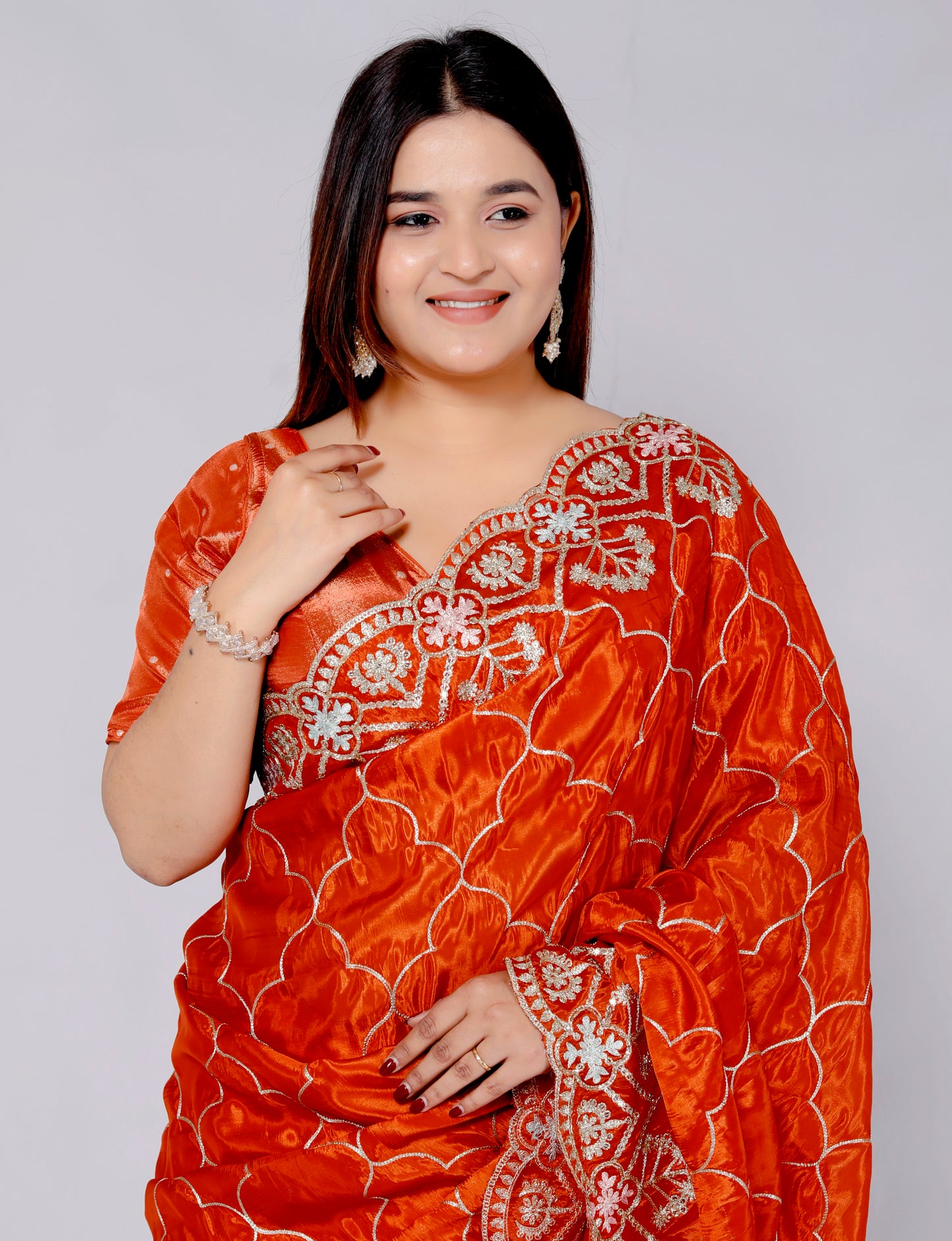 HO SILK ZARI EMBROIDERY HANDWORK JAAL ORANGE RUST SAREE BY SKFBHOLUBHAI