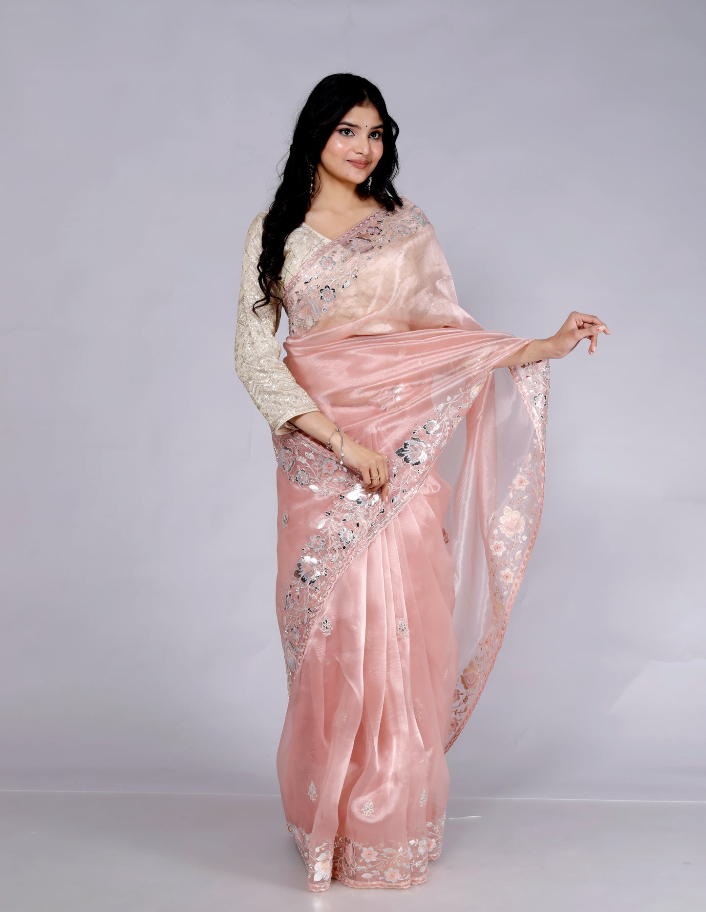 GLOSSY TISSUE ZARI EMBROIDERY BORDER PEACH SAREE BY SKFBHOLUBHAI