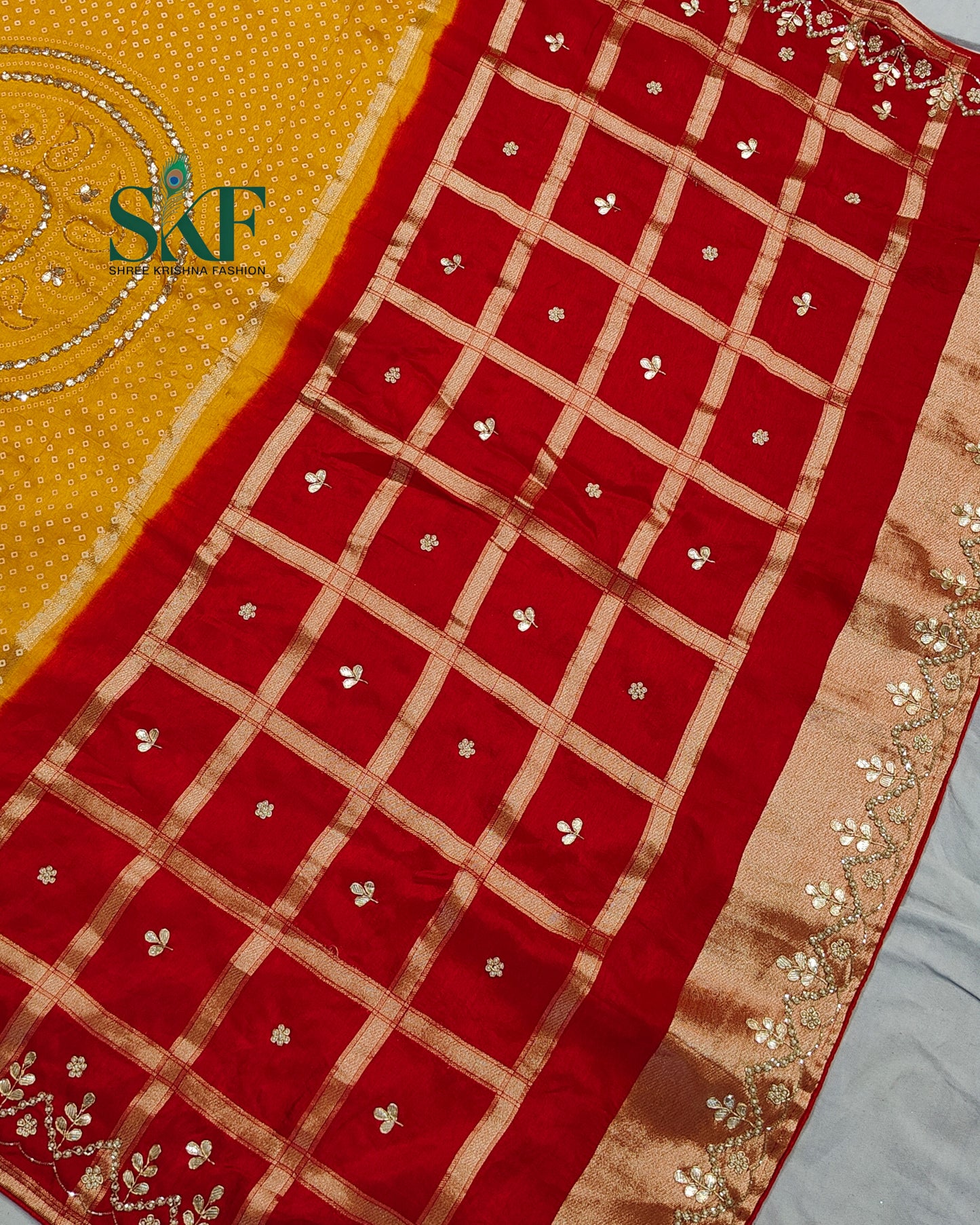 RUSSIAN SILK CHAKRA BHANDHANI GOTTA HANDWORK RED&YELLOW SAREE BY SKFBHOLUBHAI