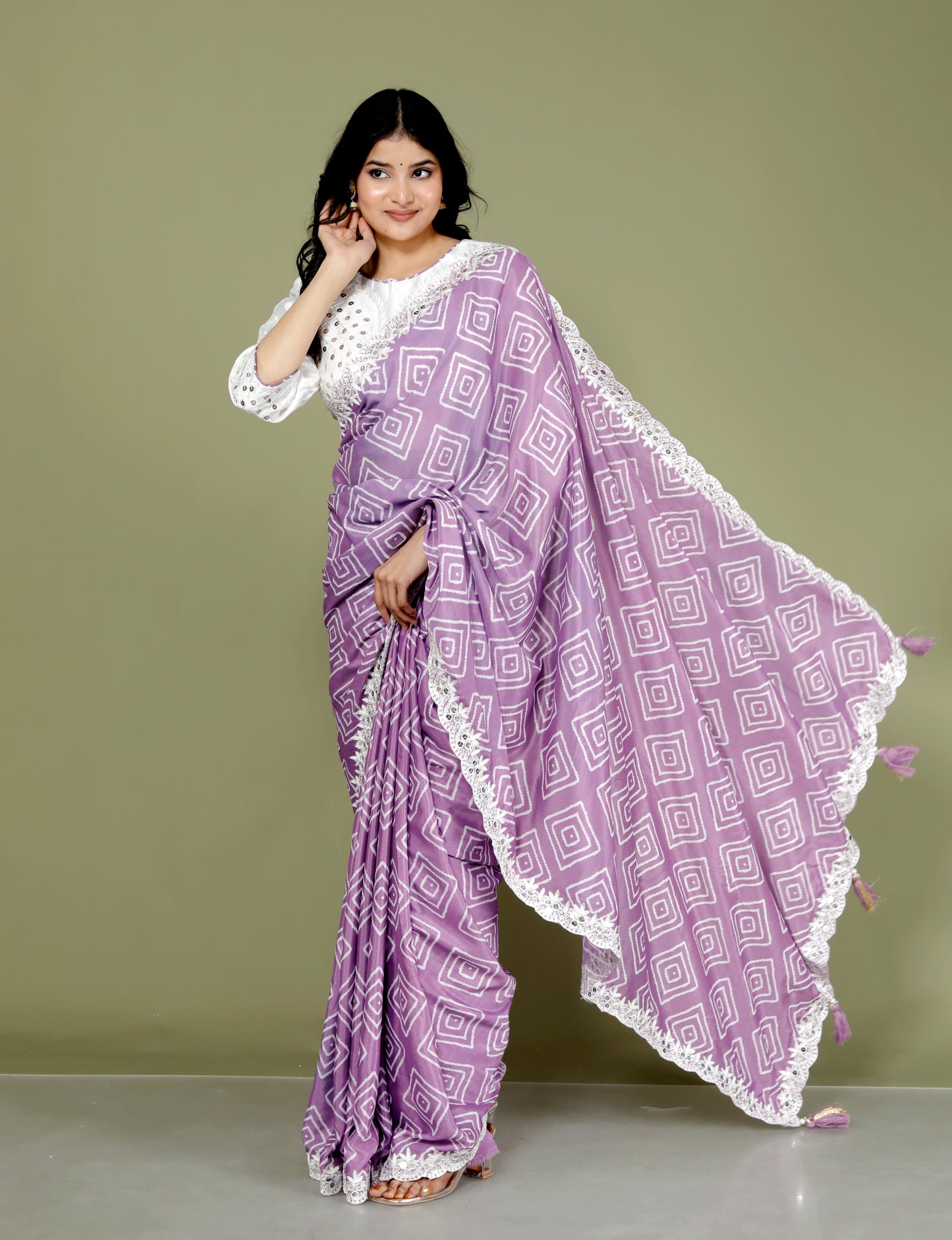 CHINON DIGITAL PRINT THREAD EMBROIDERY STICH BLOUSE LAVENDER SAREE BY SKFBHOLUBHAI