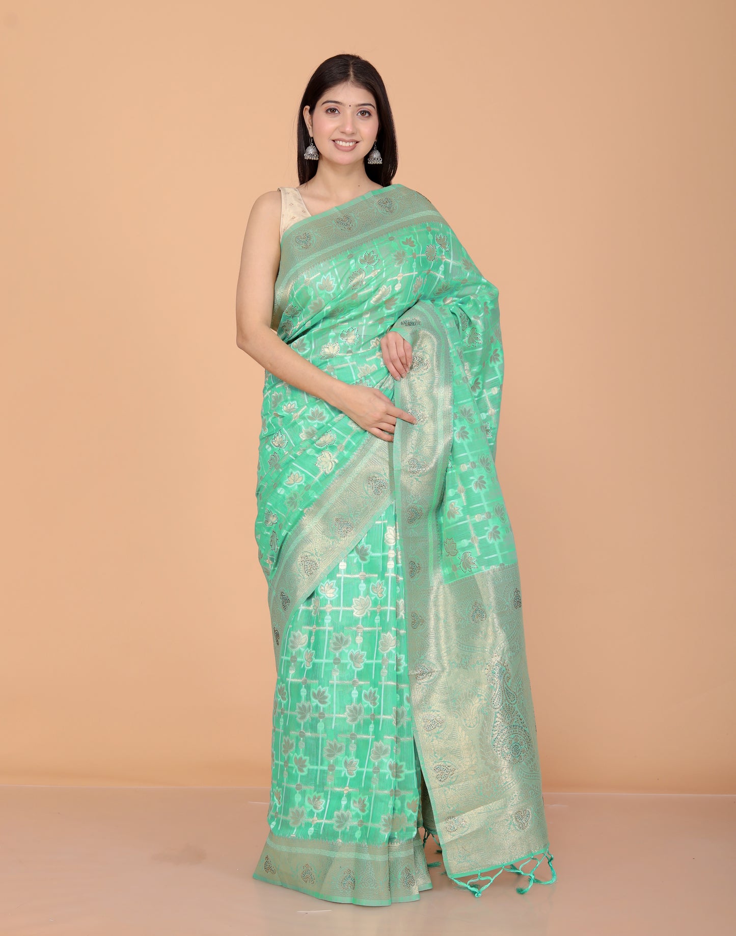 SILK WEAVING SEROSKI WORK SEE GREEN SAREE BY SKFBHOLUBHAI
