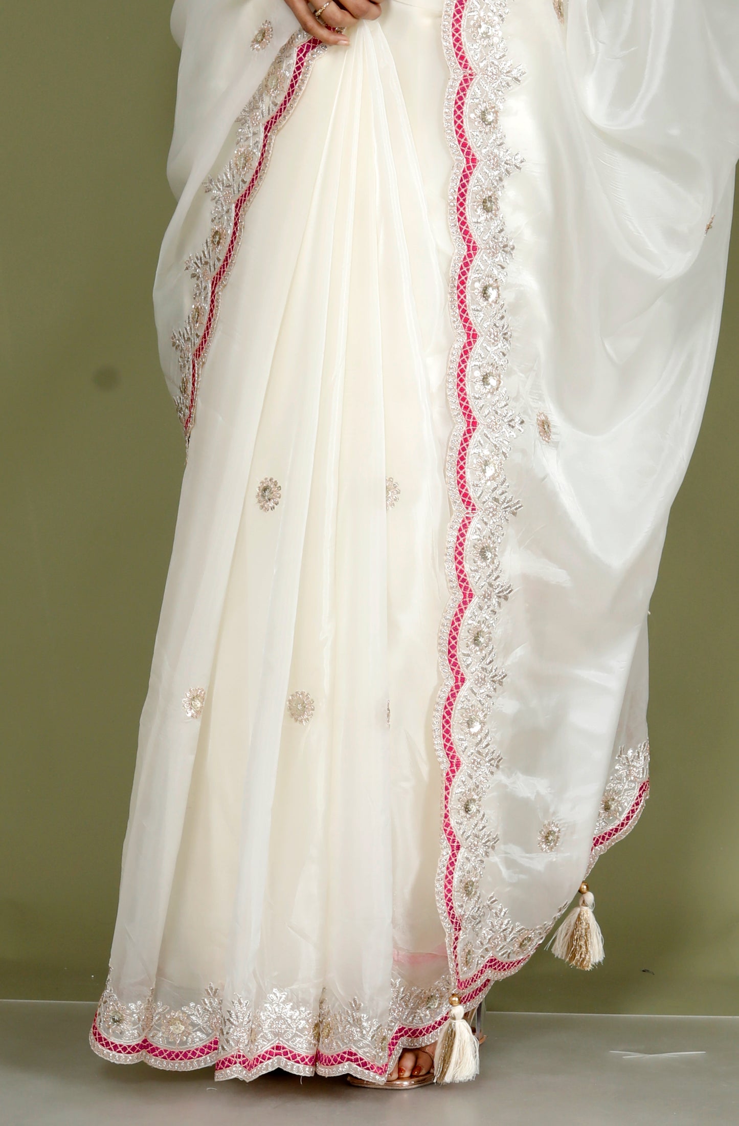 NEAT ORGANZA ZARI EMBROIDERY CUTWORK STICH BLOUSE IVORY SAREE BY SKFBHOLUBHAI