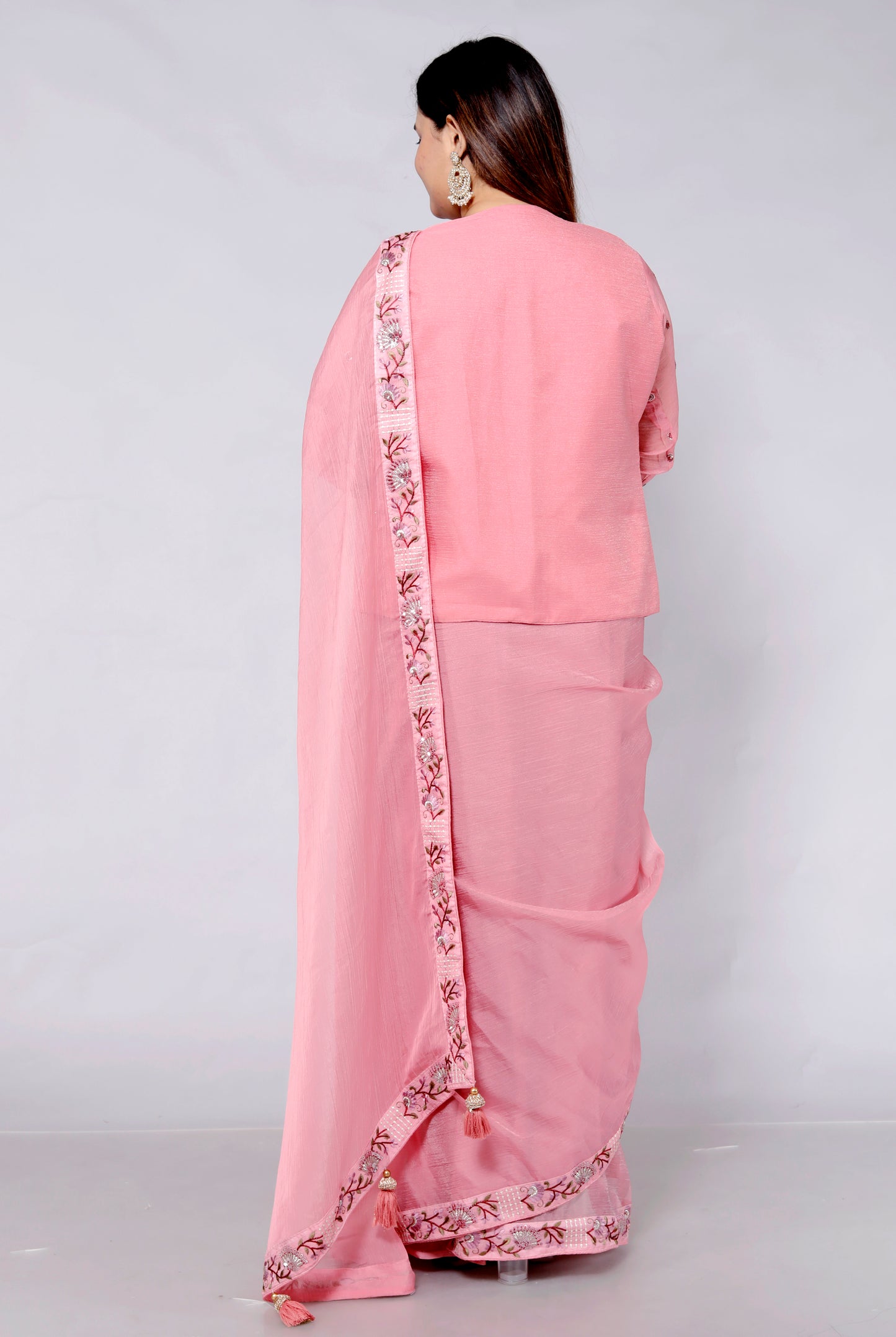 CHIFFON EMBROIDERY WORK JACKET STYLE PINK SAREE BY SKFBHOLUBHAI