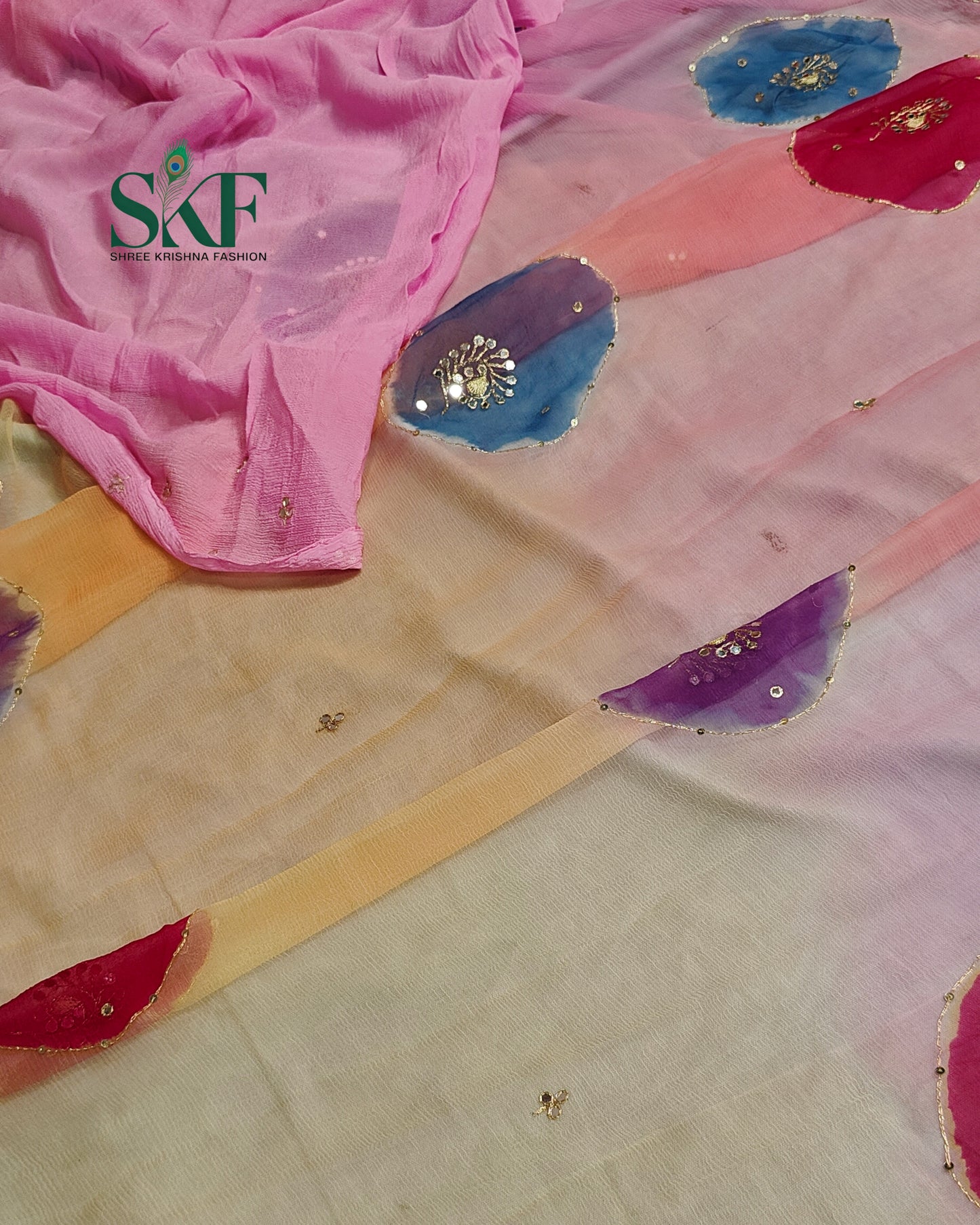 CHIFFON BATIK OMBRE DYE AARI GOTTA HANDWORK BUTTY MULTICOLOUR SAREE BY SKFBHOLUBHAI