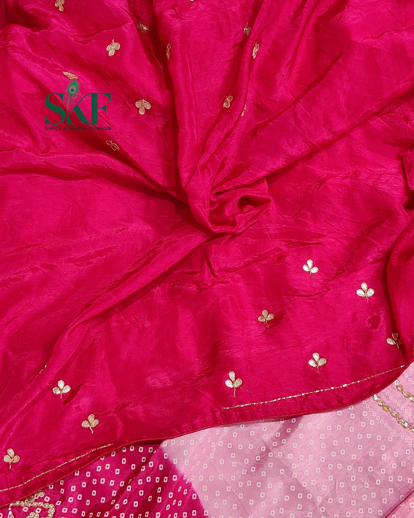 RUSSIAN SILK CHAKRA BHANDHANI GOTTA HANDWORK PINK & RANIPINK SAREE BY SKFBHOLUBHAI