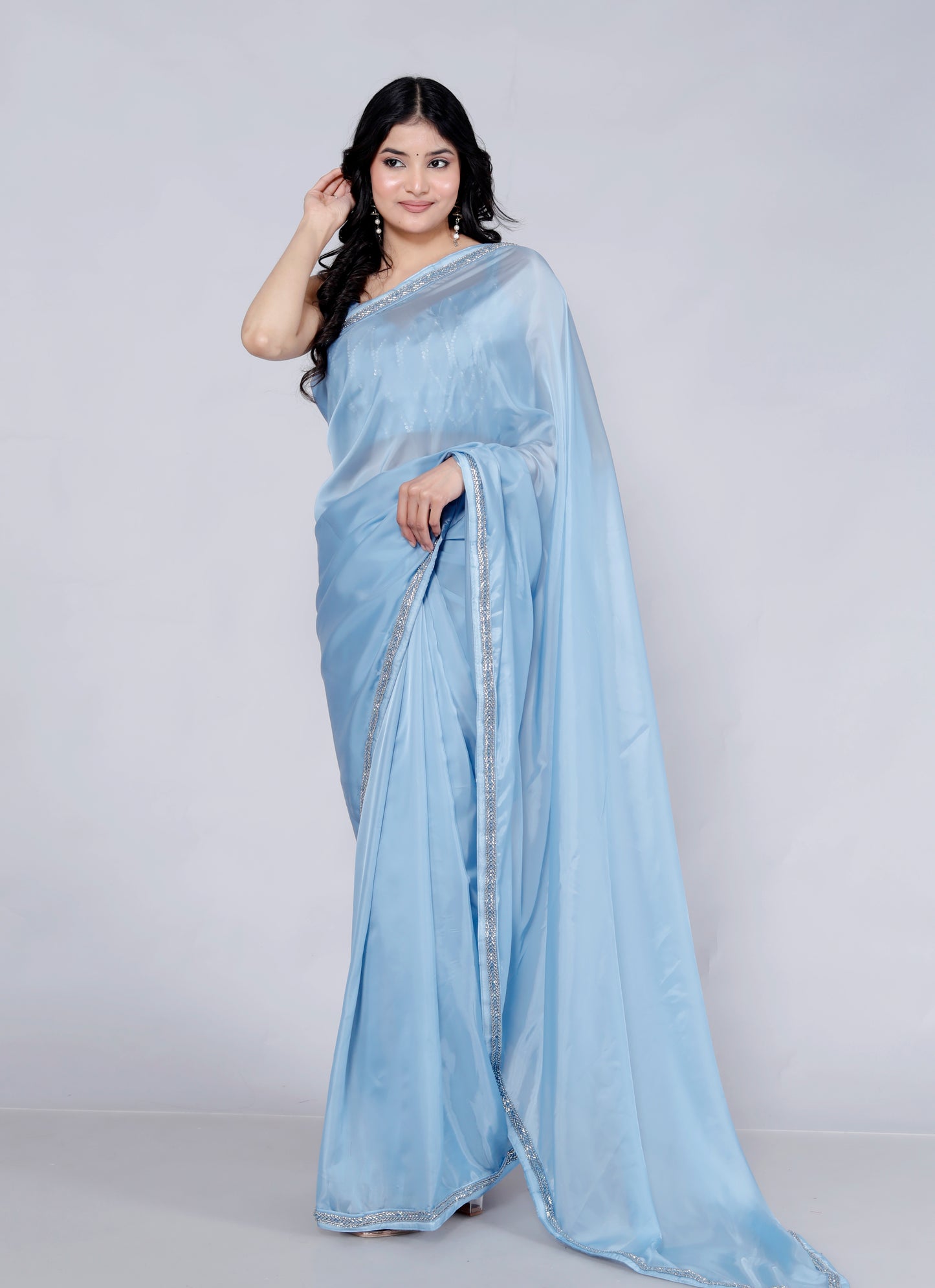SATIN SILK HANDWORK BORDER STICH BLOUSE ICE BLUE SAREE BY SKFBHOLUBHAI