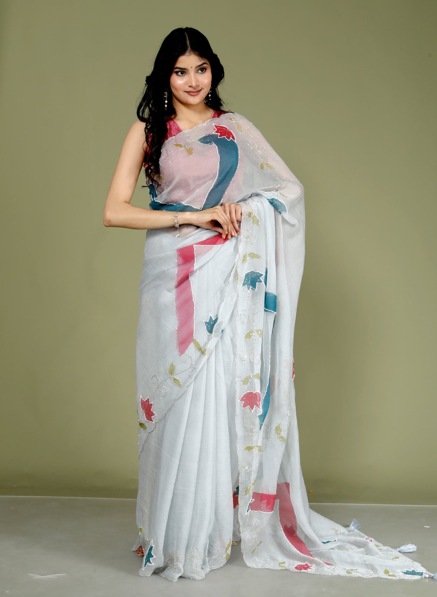 CHIFFON HAND PAINTED HANDWORK GREY SAREE BY SKFBHOLUBHAI