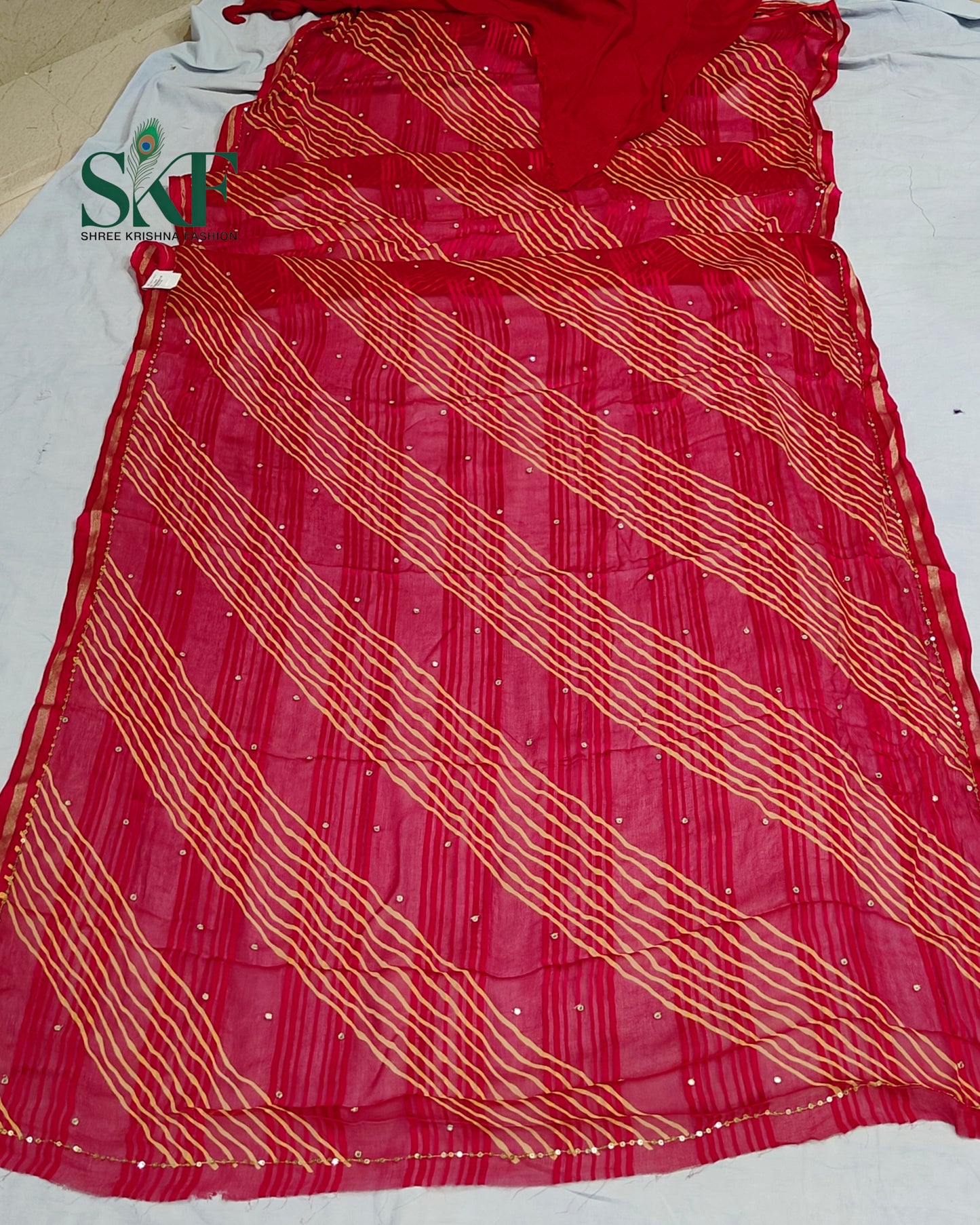 CHIFFON VISCOSE LEHRIYA AARI MIRROR LINEING WORK RANIPINK SAREE BY SKFBHOLUBHAI