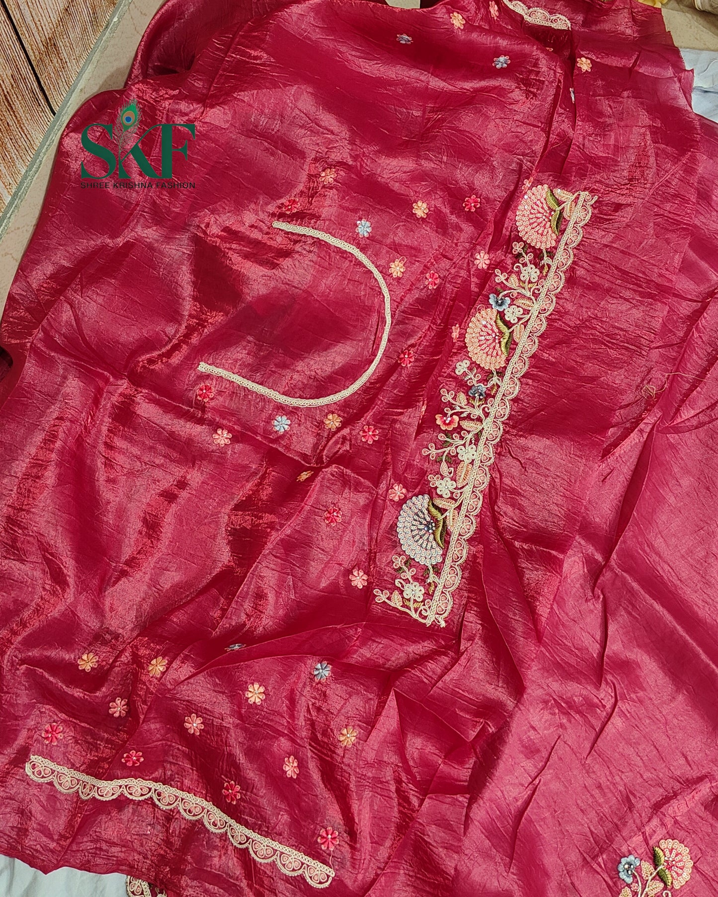CRUSH TISSUE SIPPI SEQUENCE EMBROIDERY WORK BURGENDY SAREE BY SKFBHOLUBHAI