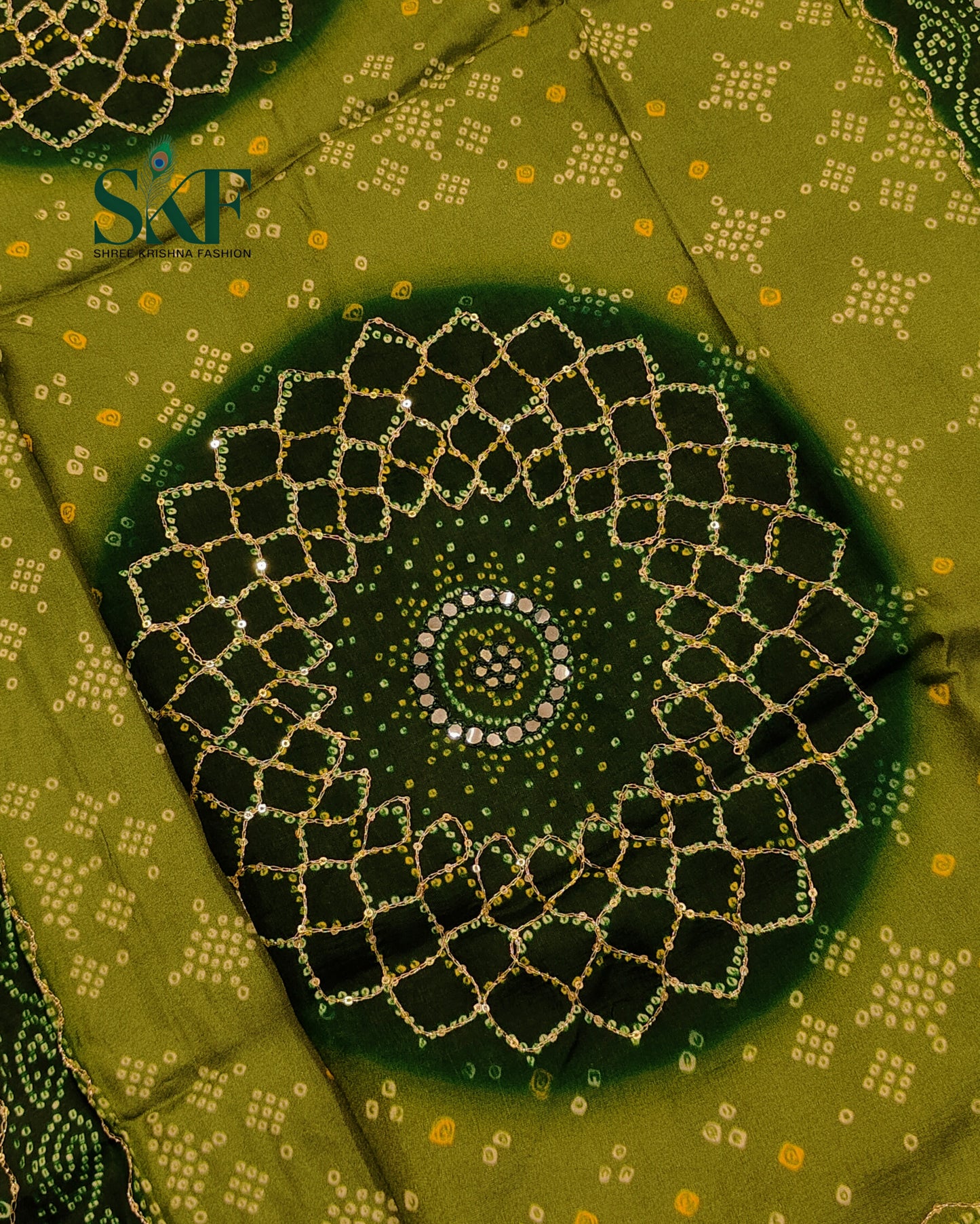 HO SILK BHANDHANI MIRROR WORK TWO TONE BOTTLE GREEN AND MEHNDI GREEN SAREE BY SKFBHOLUBHAI