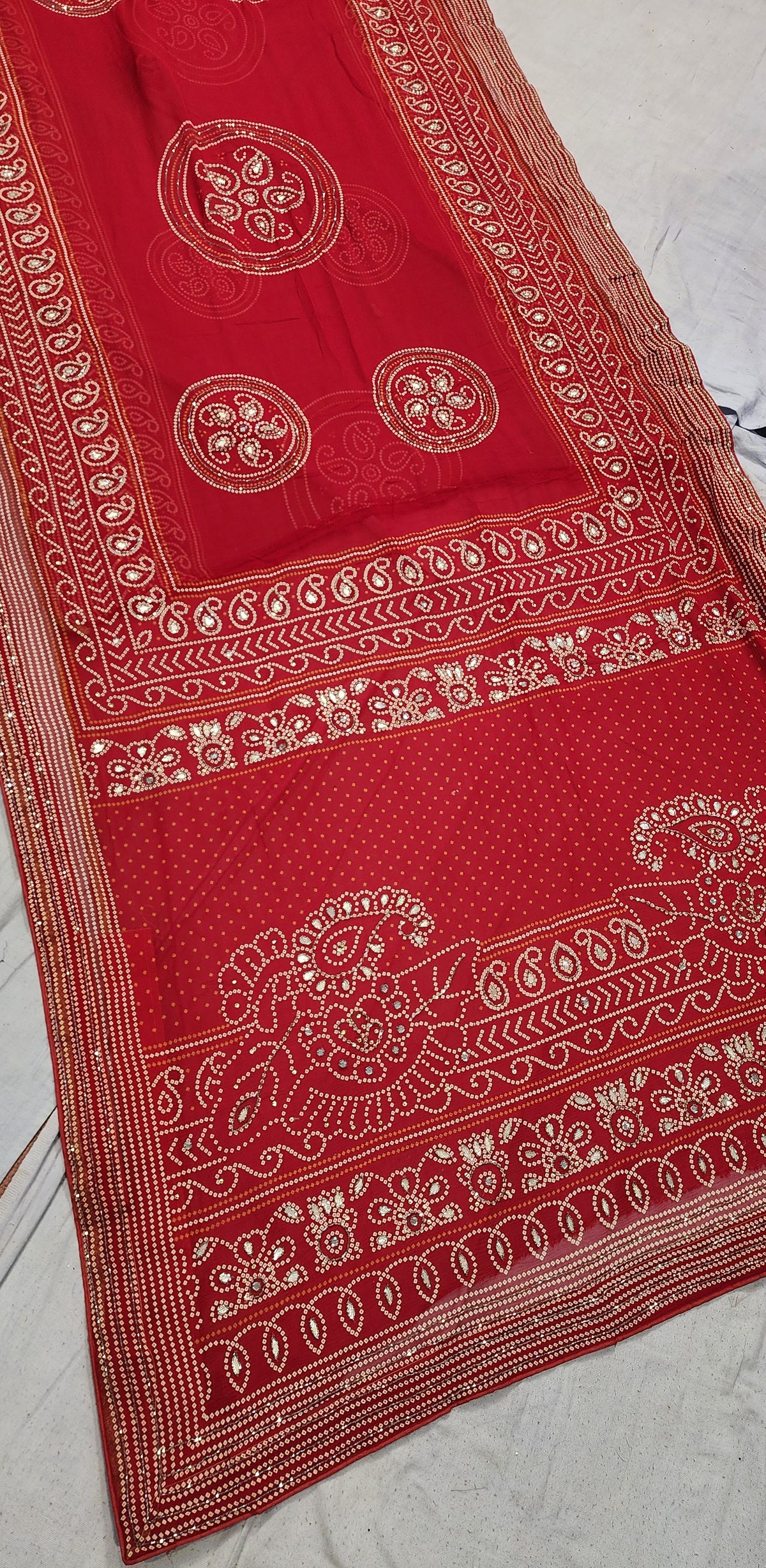 RAJASTHANI KARWACHOTH SPEICEL RED COLOUR SAREE GERMAN CHIFFON FABRIC WITH GOTA AND CUTDANA WORK BY SKFBHOLUBHAI