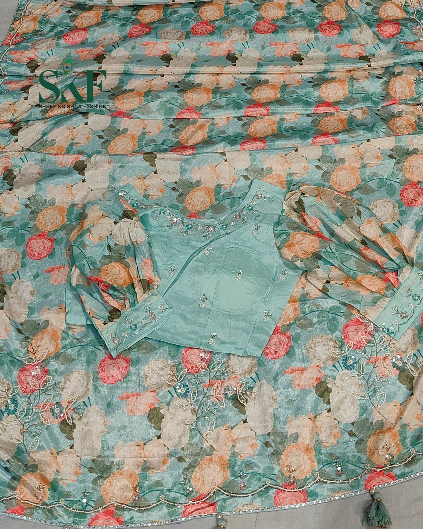 CHINON FLORAL DIGITAL PRINT HANDWORK SEEGREEN SAREE BY SKFBHOLUBHAI