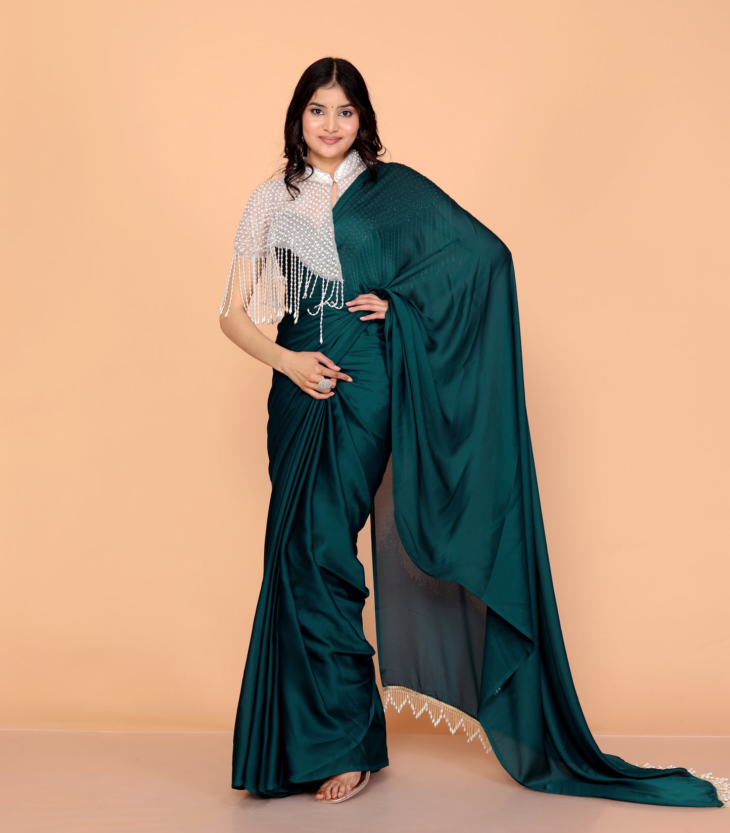 CREPE PLAIN TASSELS WORK TURQUOISE GREEN SAREE BY SKFBHOLUBHAI