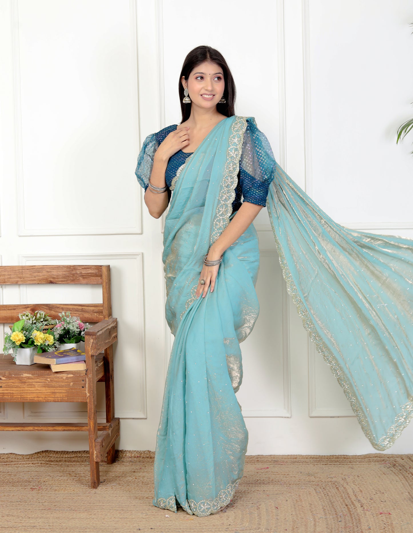 TISSUE SHIMMER BORDER HANDWORK SAREE