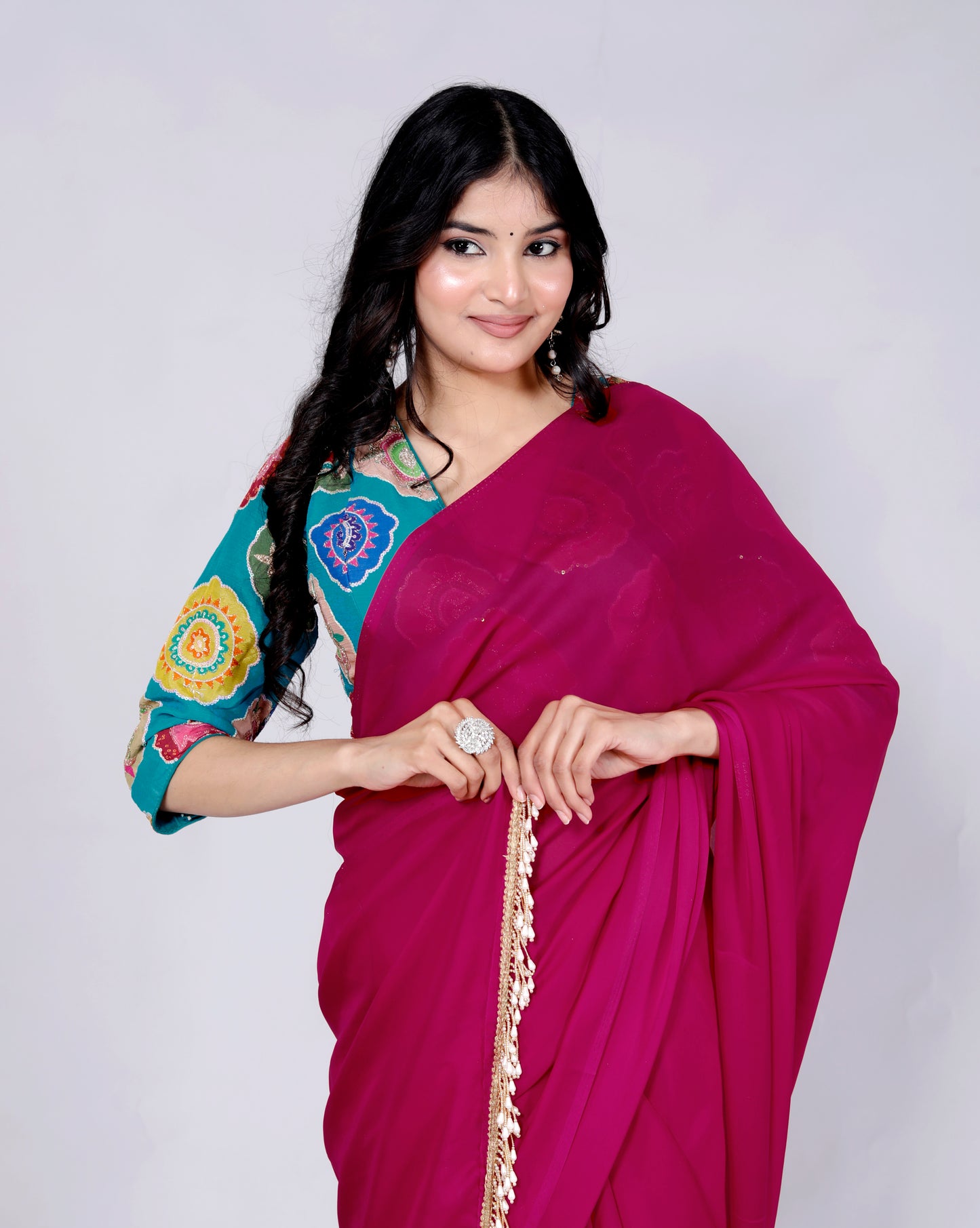 CREPE PLAIN TASSELS WORK RANI PINK SAREE BY SKFBHOLUBHAI