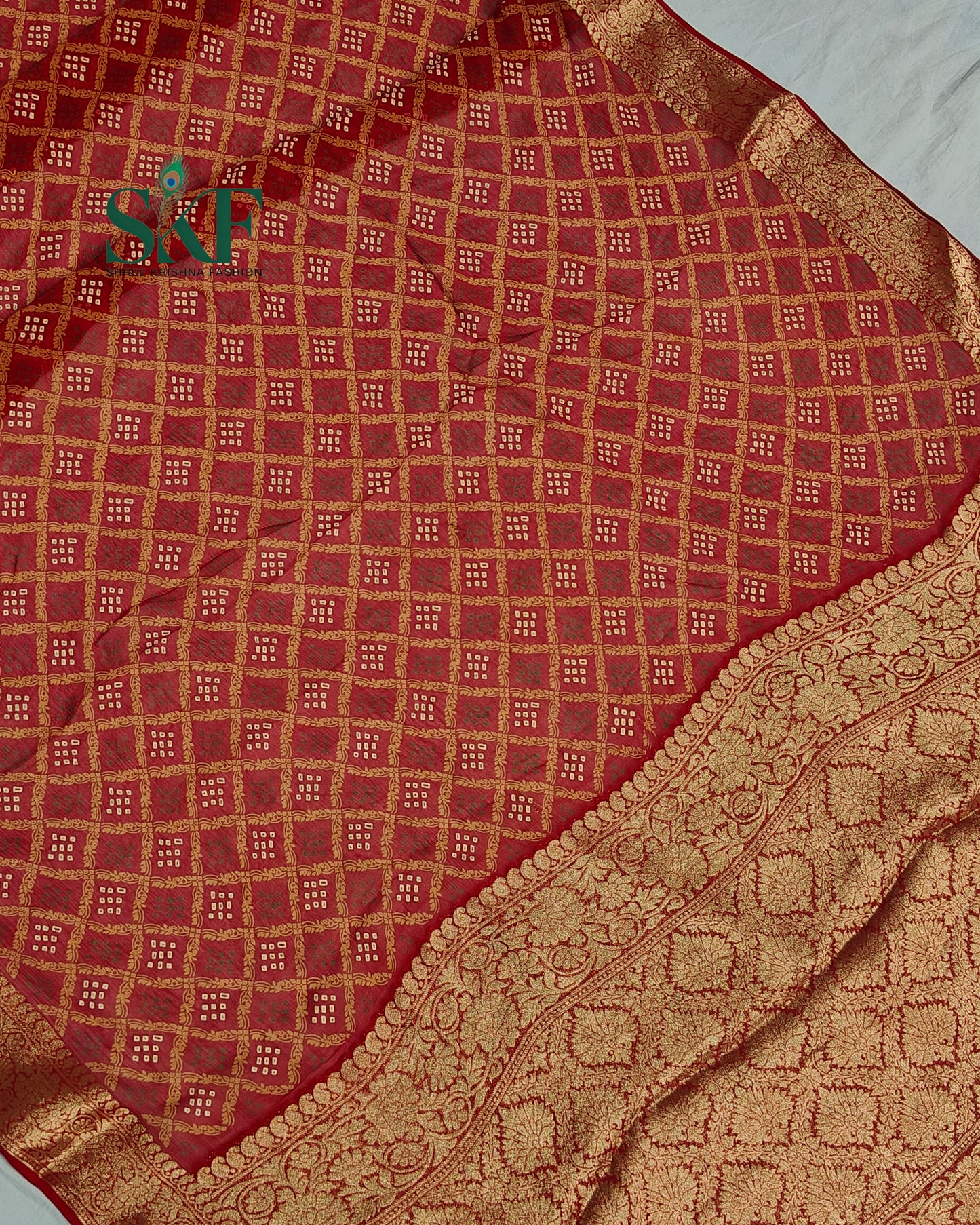 KHADI NEEM JARI GEORGETTE BHANDHANI MAHROON SAREE BY SKFBHOLUBHAI