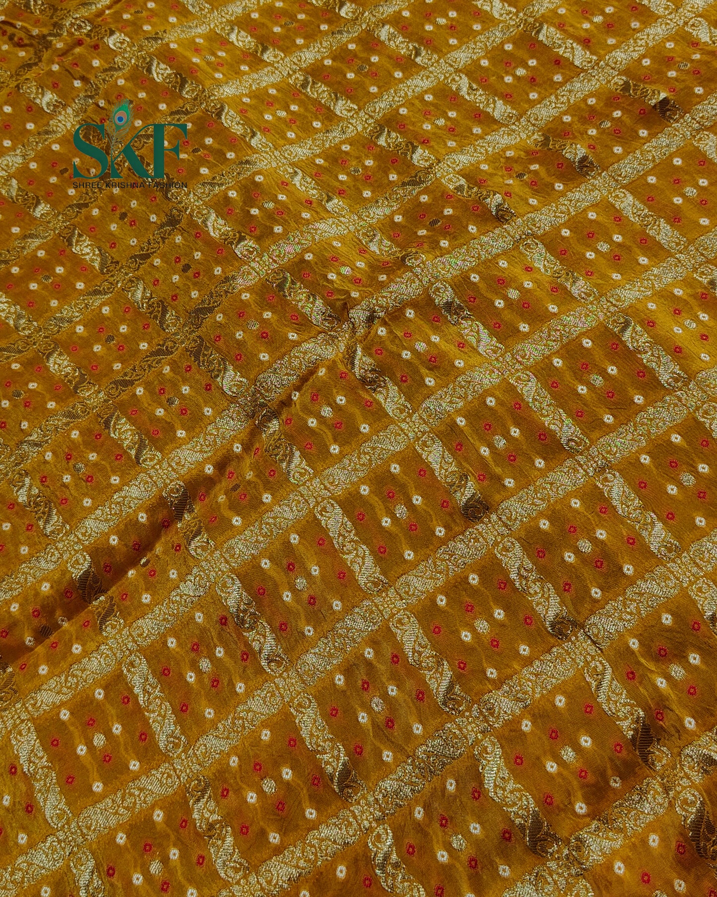 KHADI NEEM JARI GEORGETTE GHATCHOLA BHANDHANI HEAVY WORK BORDER YELLOW SAREE BY SKFBHOLUBHAI