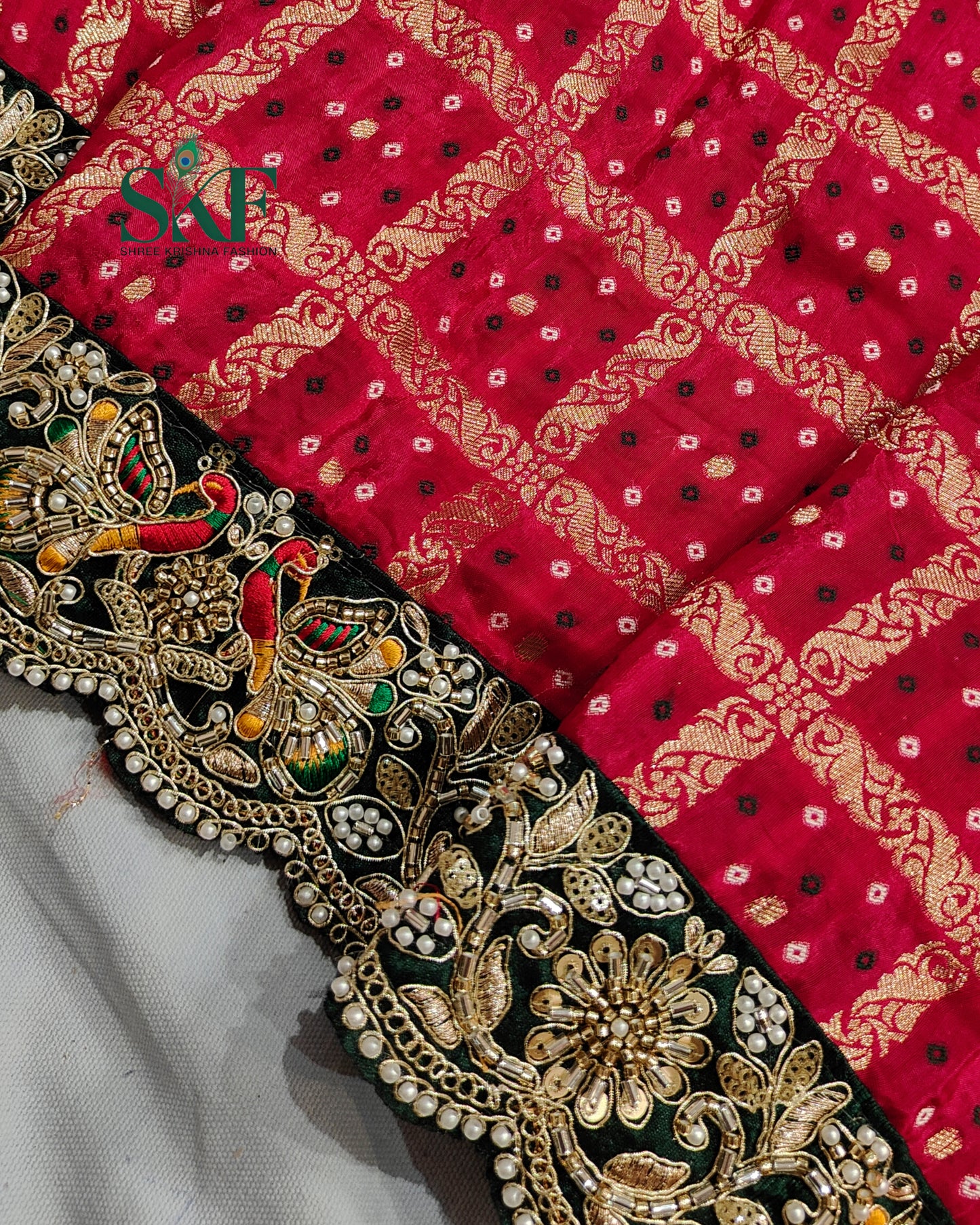 KHADI NEEM JARI GEORGETTE GHATCHOLA BHANDHANI HEAVY WORK BORDER RANIPINK SAREE BY SKFBHOLUBHAI