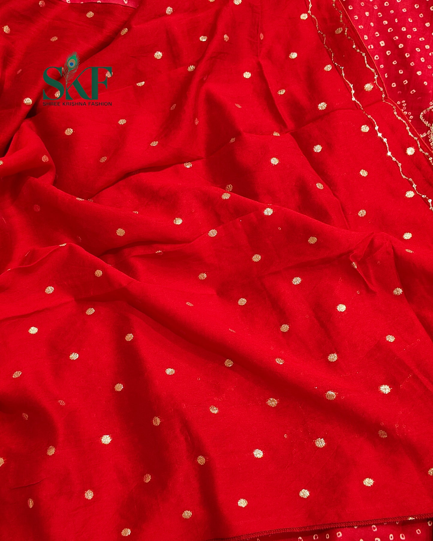 HO SILK BHANDHANI PEACOCK MOTIF AARI AND SEQUENCE WORK RED SAREE BY SKFBHOLUBHAI
