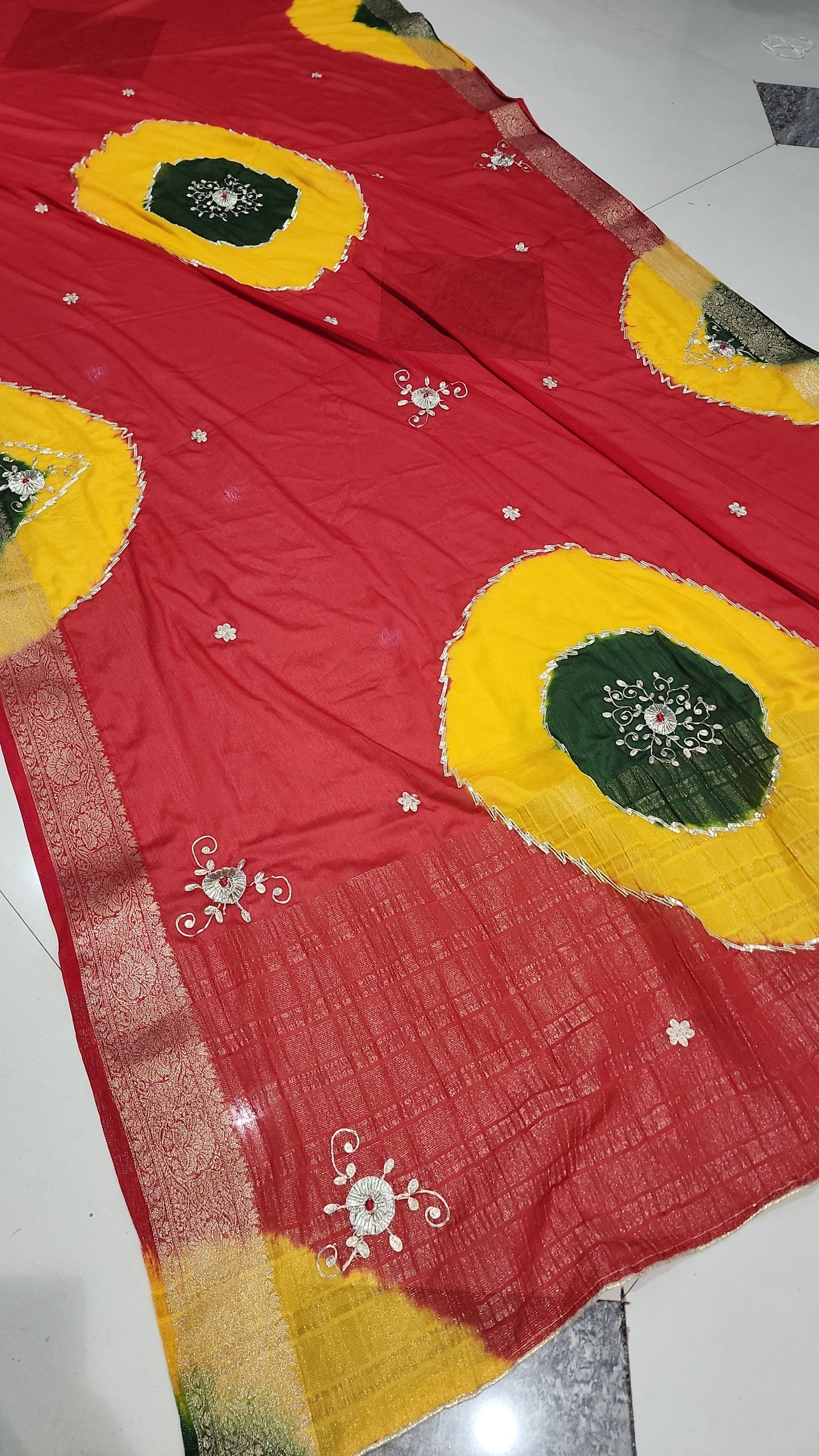JAIPURI CHINON WITH KACHHA GOTA WORK GHEVAR BANDHEJ RED COLOUR SAREE