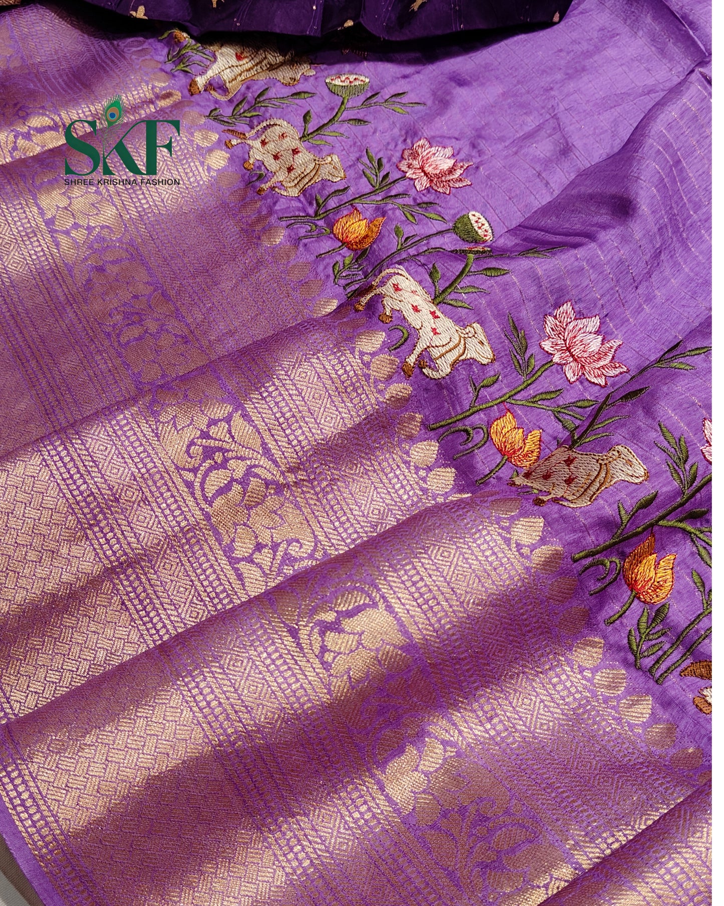 DOLA SILK MOTIF EMBROIDERY PANEL WEAVING BORDER WORK LAVENDER SAREE BY SKFBHOLUBHAI