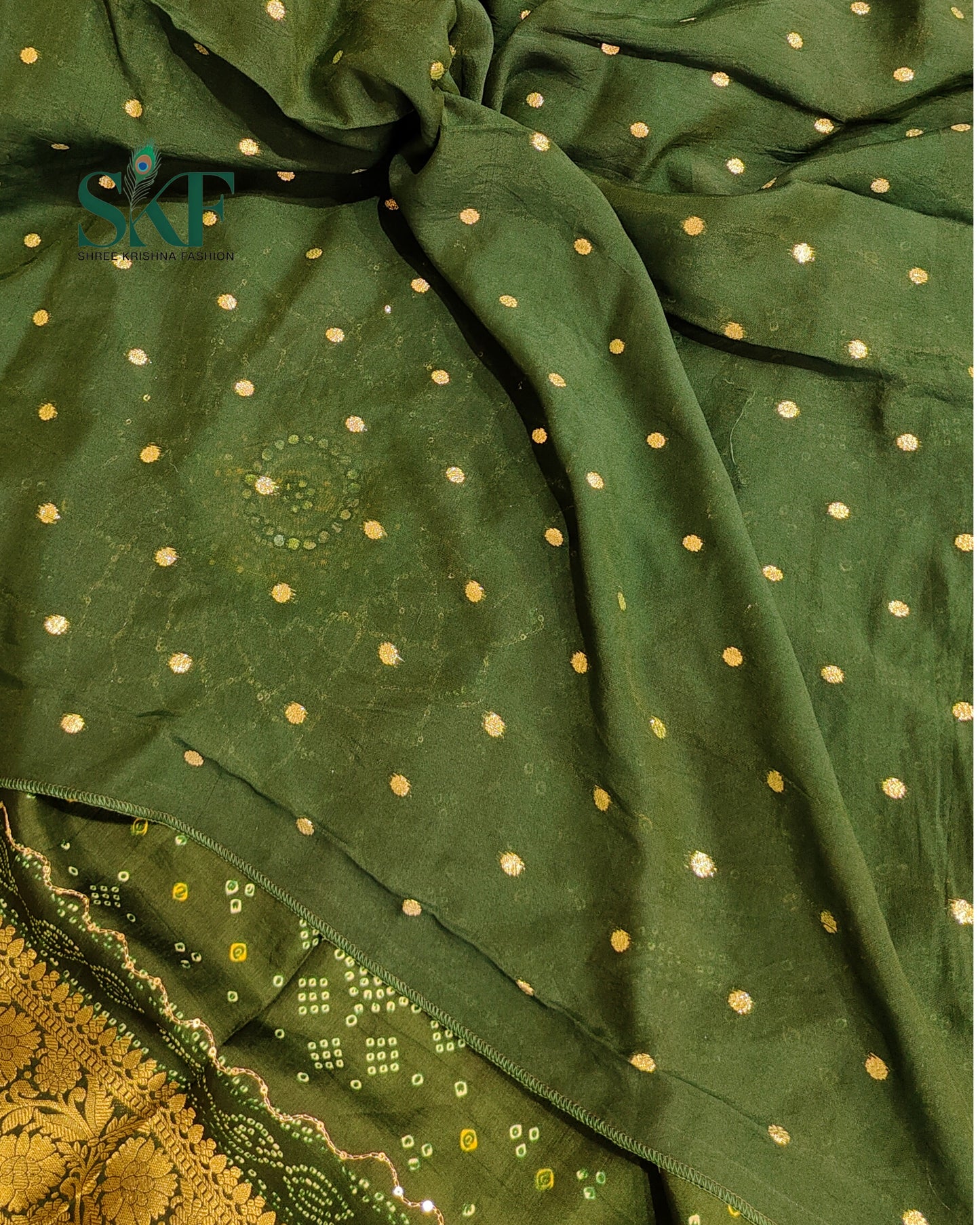 HO SILK BHANDHANI MIRROR WORK TWO TONE BOTTLE GREEN AND MEHNDI GREEN SAREE BY SKFBHOLUBHAI
