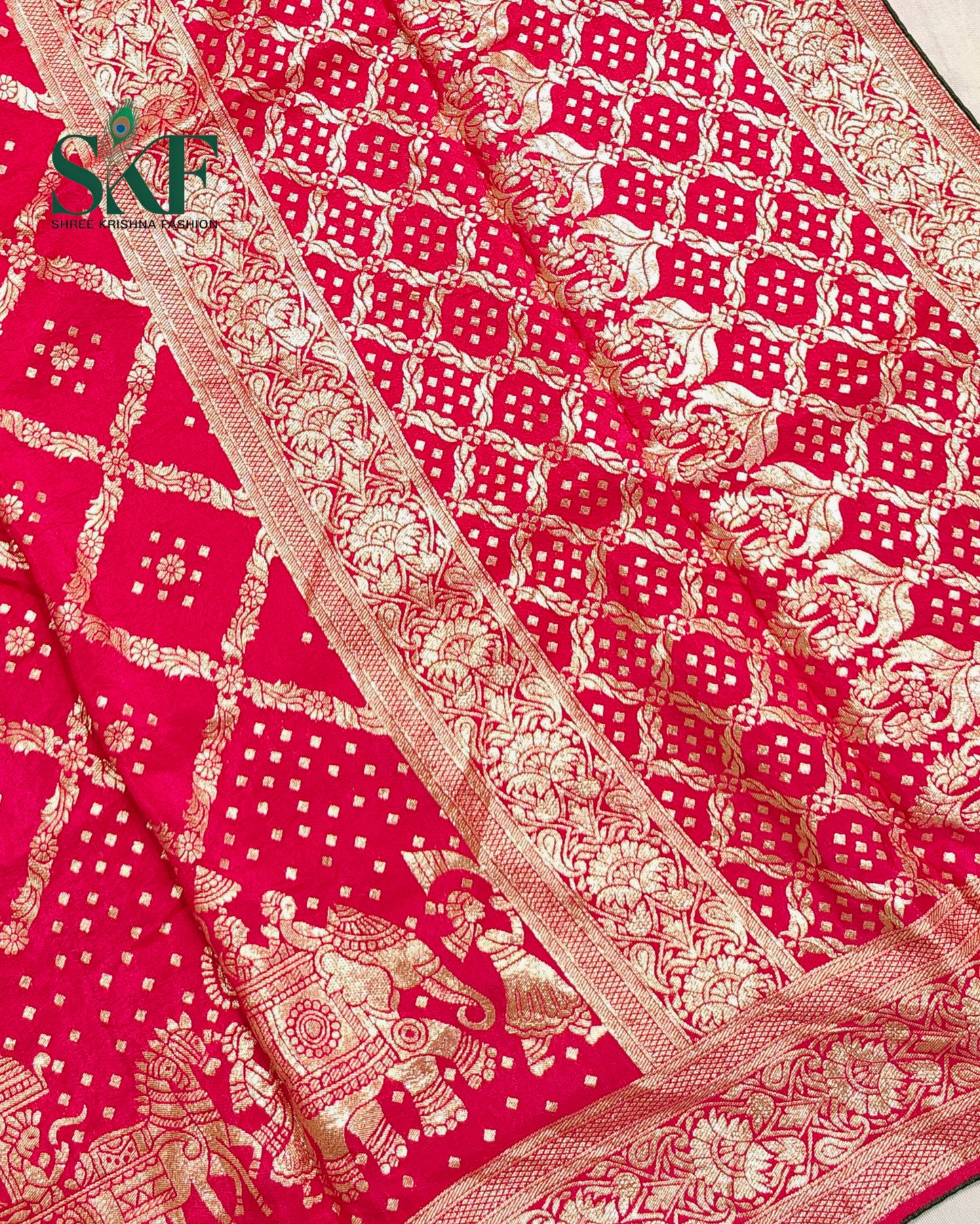 DOLA SILK MOTIF JAAL WEAVING WORK RANIPINK SAREE BY SKFBHOLUBHAI