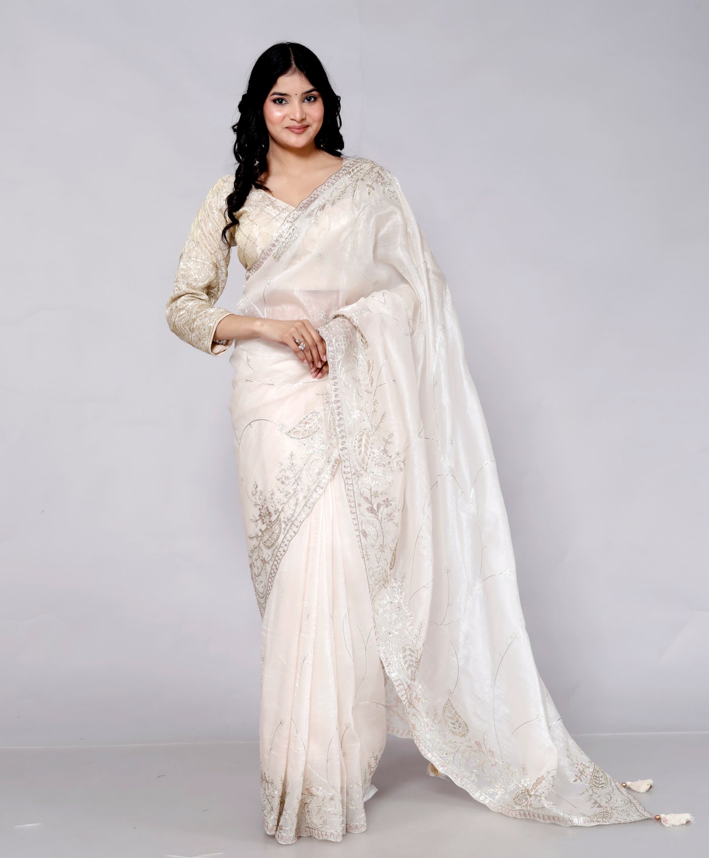 GLOSSY TISSUE CUTWORK BORDER JAAL EMBROIDERY IVORY SAREE BY SKFBHOLUBHAI