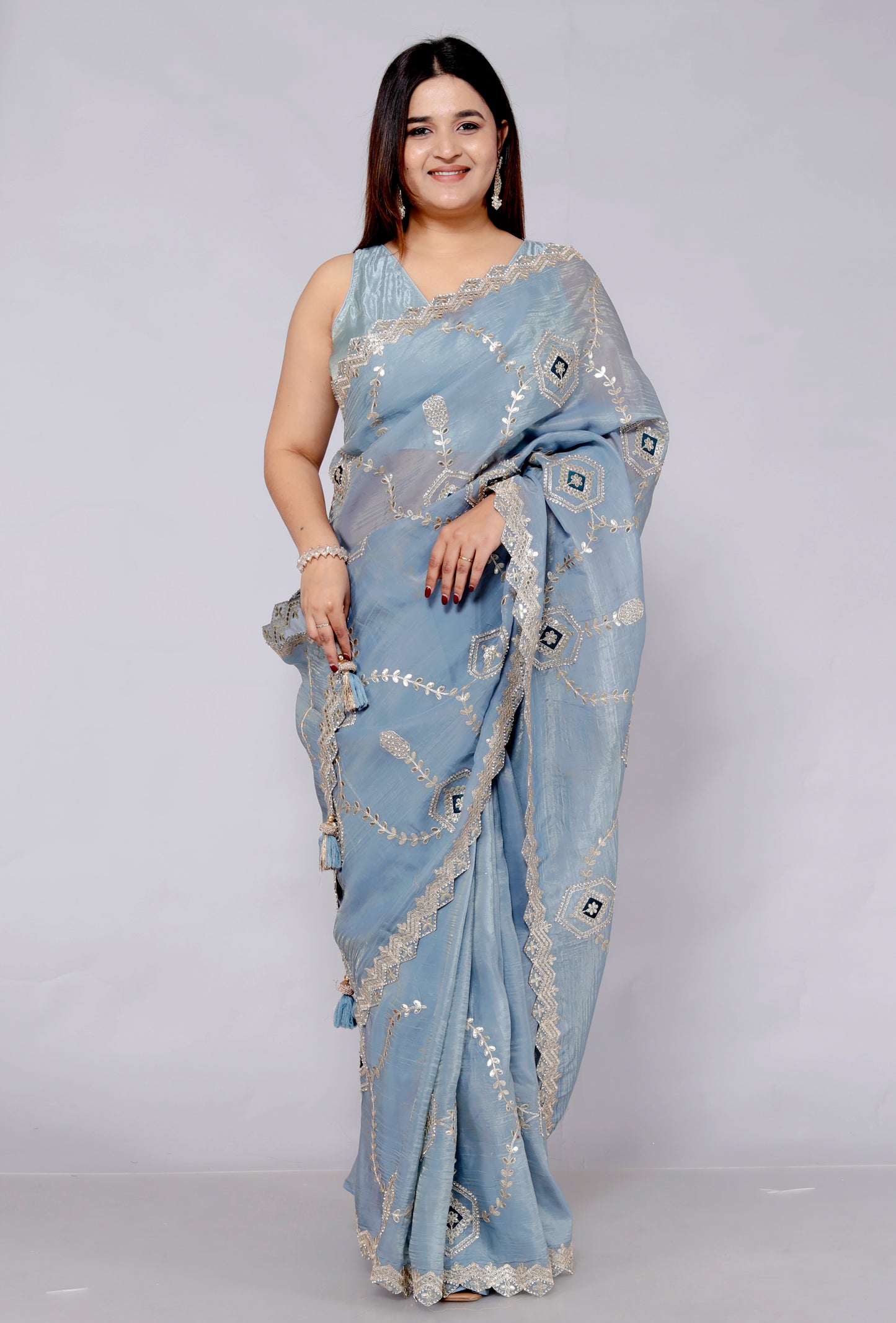 CRUSH TISSUE ZARI GOTTA EMBROIDERY JAAL ICE BLUE SAREE BY SKFBHOLUBHAI