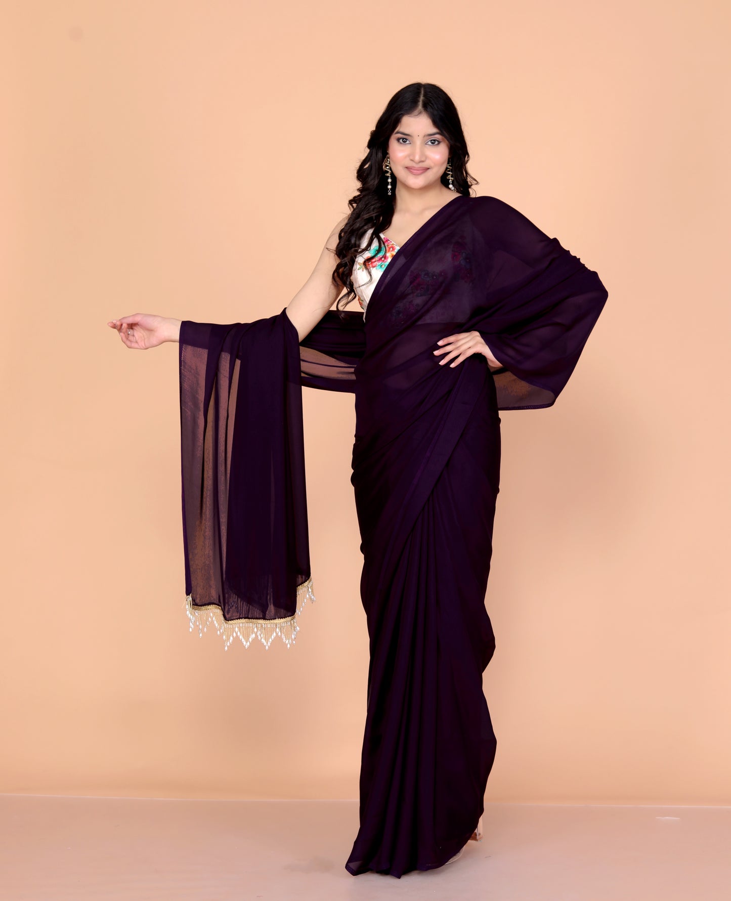 CREPE PLAIN TASSELS WORK PURPLE SAREE BY SKFBHOLUBHAI