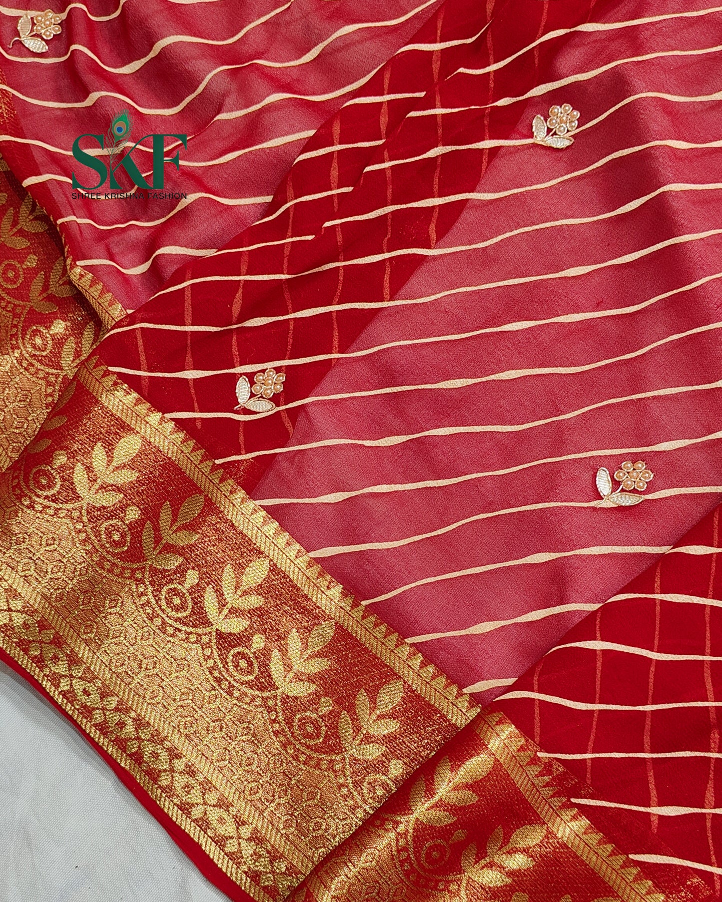 GEORGETTE LEHRIYA GOTTA HANDWORK BUTTY CHERRY RED SAREE BY SKFBHOLUBHAI
