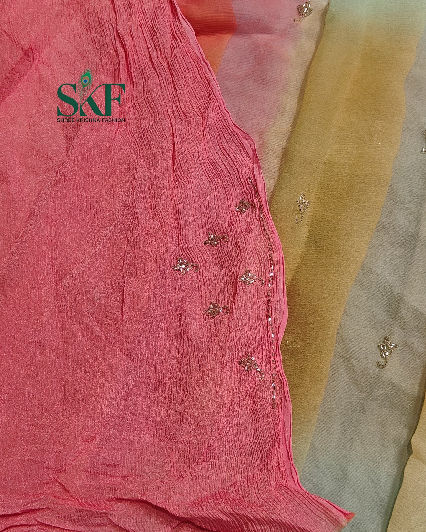 CHIFFON OMBRE DYE KARDANA HANDWORK BUTTY MULTICOLOUR SAREE BY SKFBHOLUBHAI
