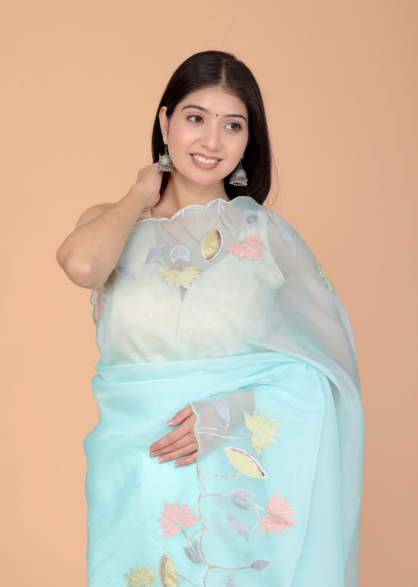 TISSUE APPLIQUE WORK DESIGNER SKY BLUE SAREE BY SKFBHOLUBHAI