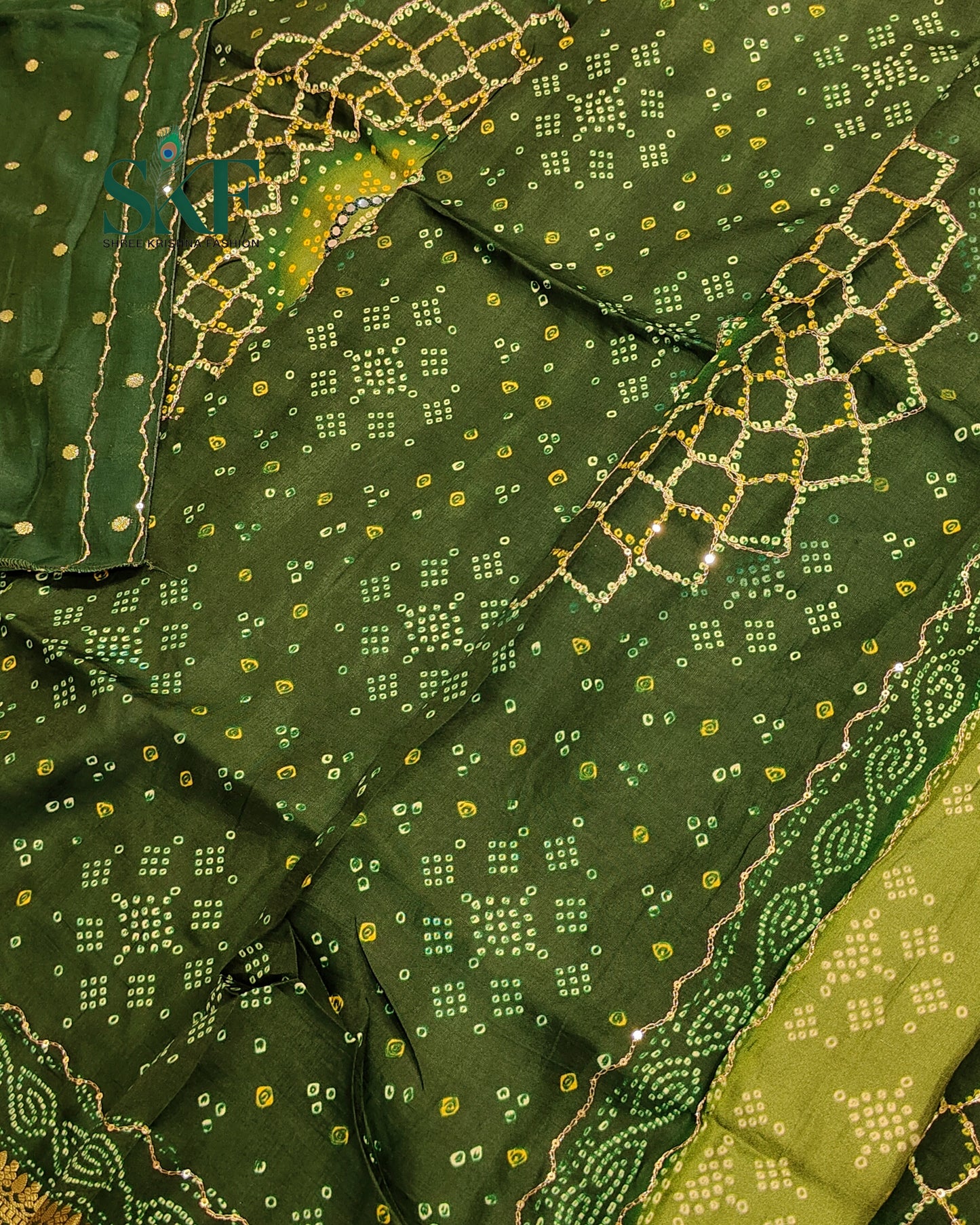 HO SILK BHANDHANI MIRROR WORK TWO TONE BOTTLE GREEN AND MEHNDI GREEN SAREE BY SKFBHOLUBHAI