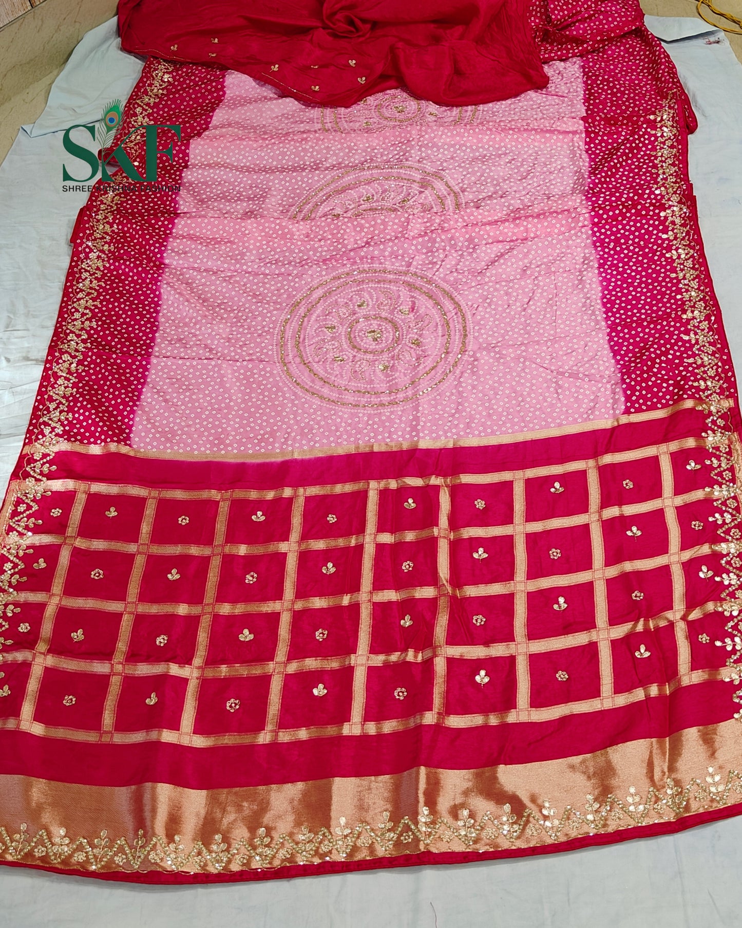 RUSSIAN SILK CHAKRA BHANDHANI GOTTA HANDWORK PINK & RANIPINK SAREE BY SKFBHOLUBHAI